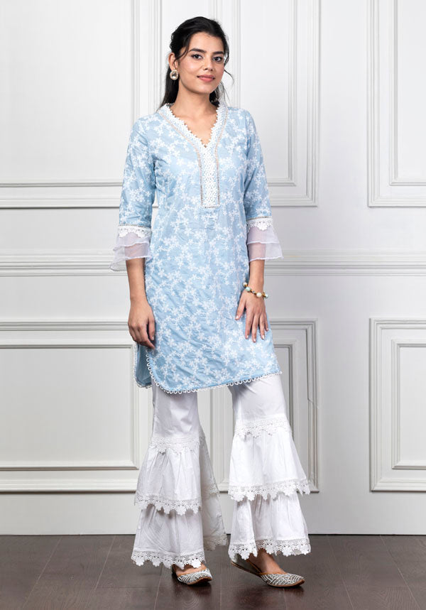 Mulmul Daisy Light Blue Kurta With Lace Garara