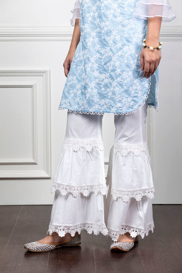 Mulmul Daisy Light Blue Kurta With Lace Garara