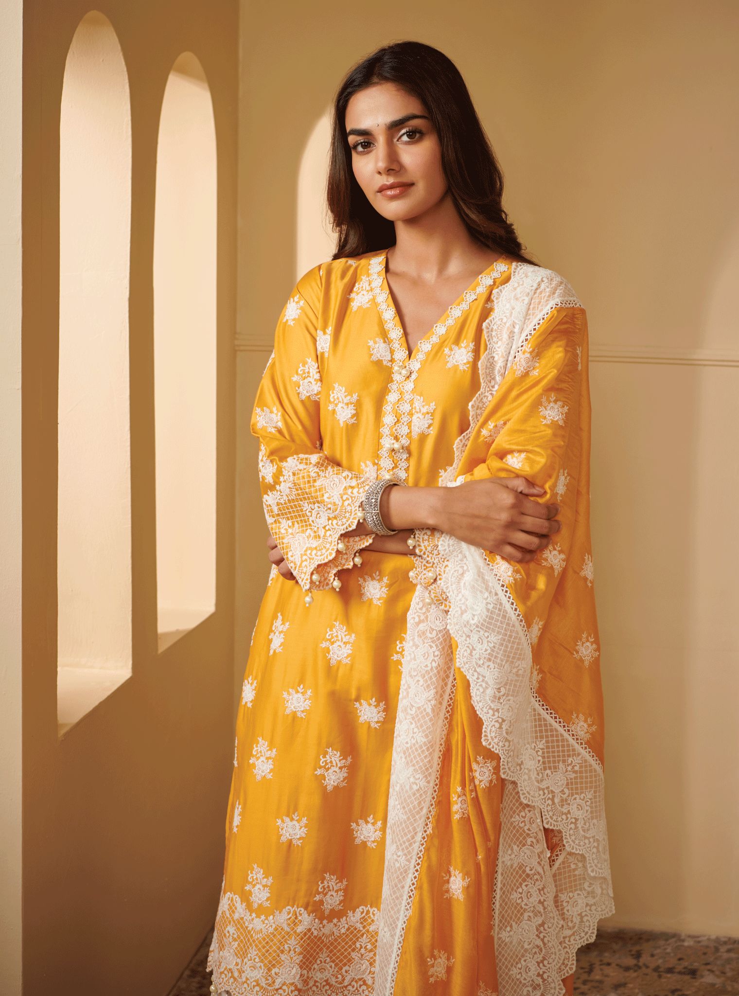 Mulmul Pima Satin Penna Yellow Kurta