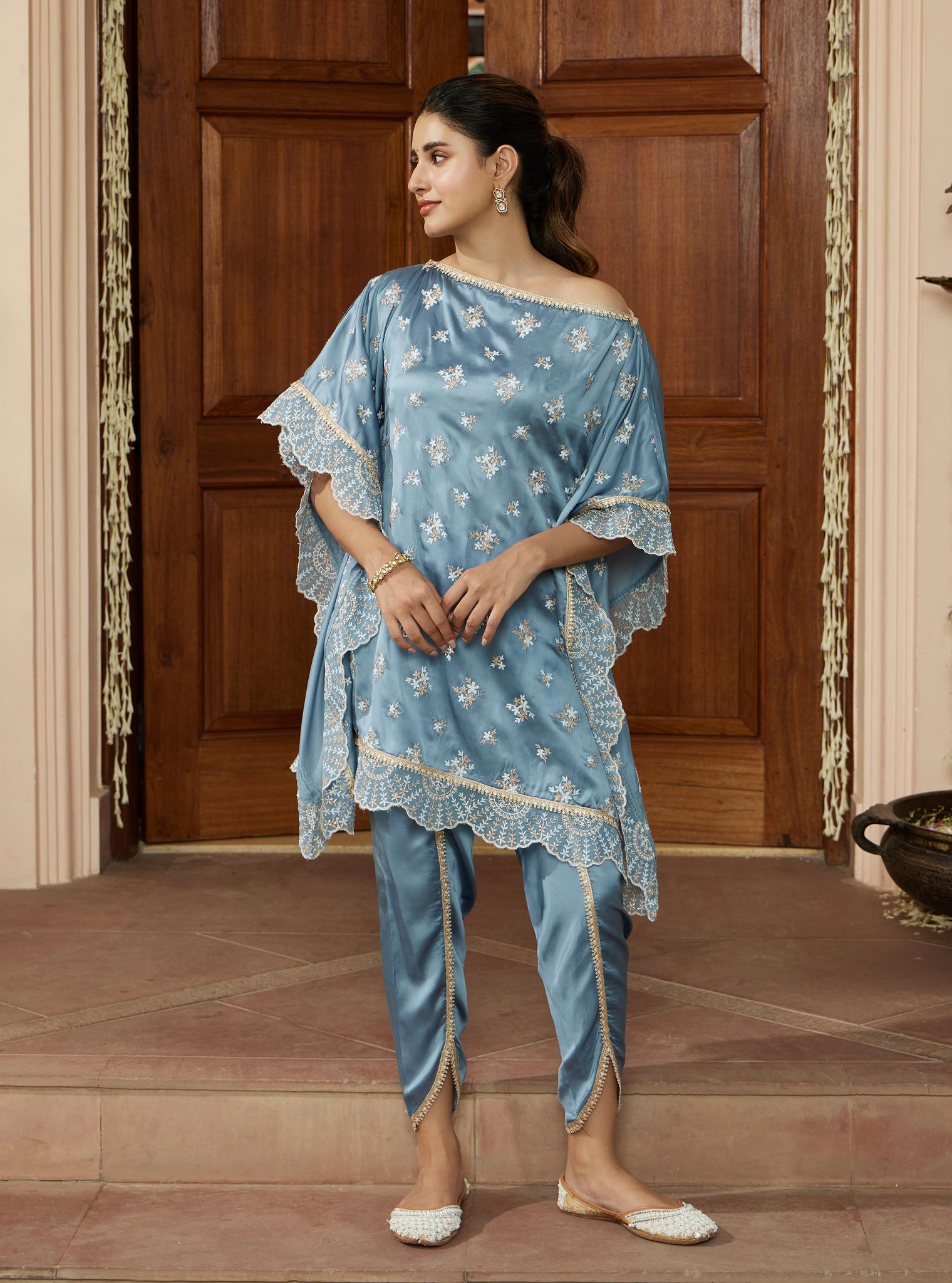 Mulmul Cupro Kasuni Wedgewood Kaftan with Mulmul Cupro Kasuni Dhoti Wedgewood Pant