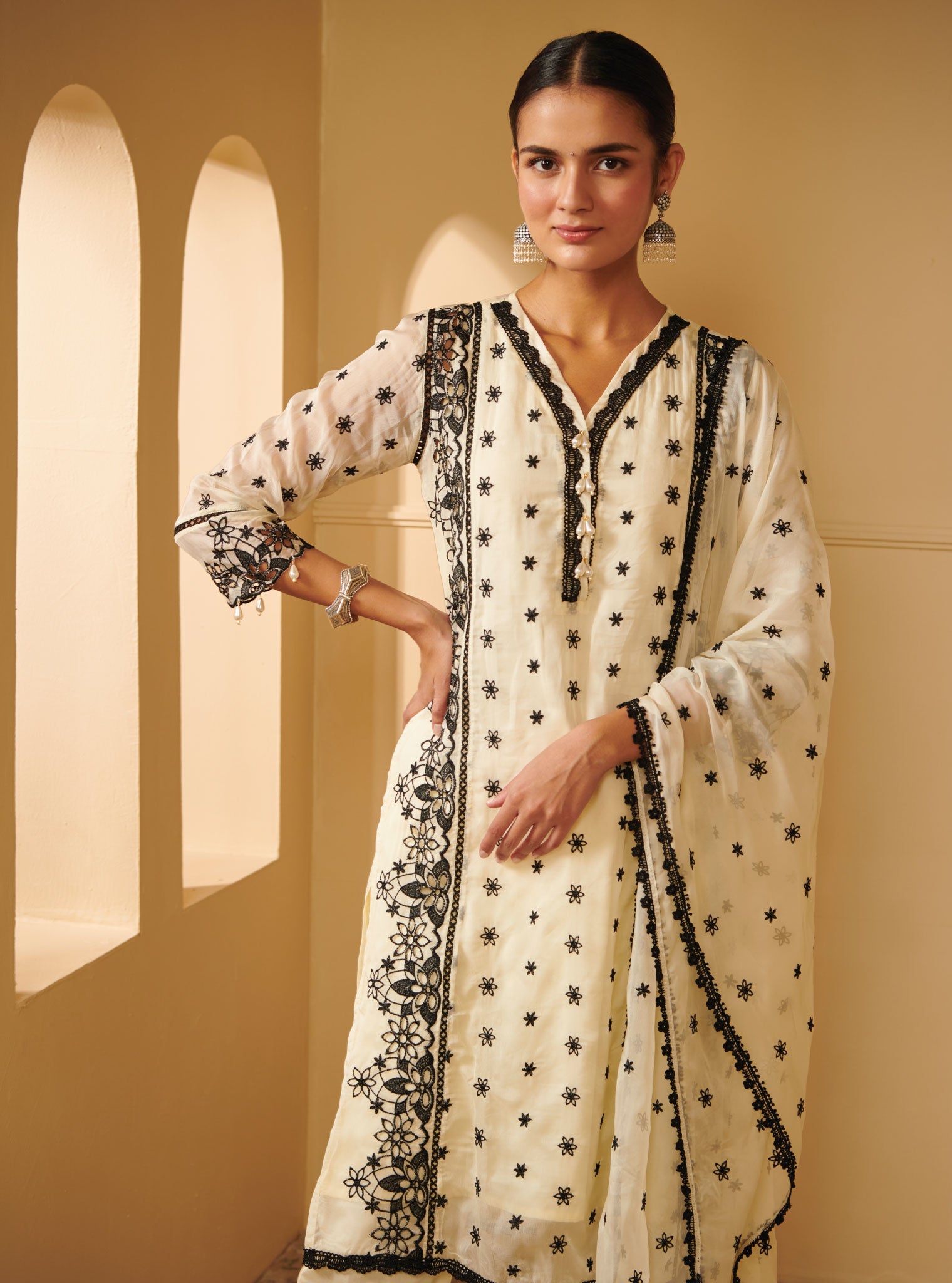 Mulmul Organza Valya Off White Kurta With Mulmul Pima Satin Valya Off White Pant