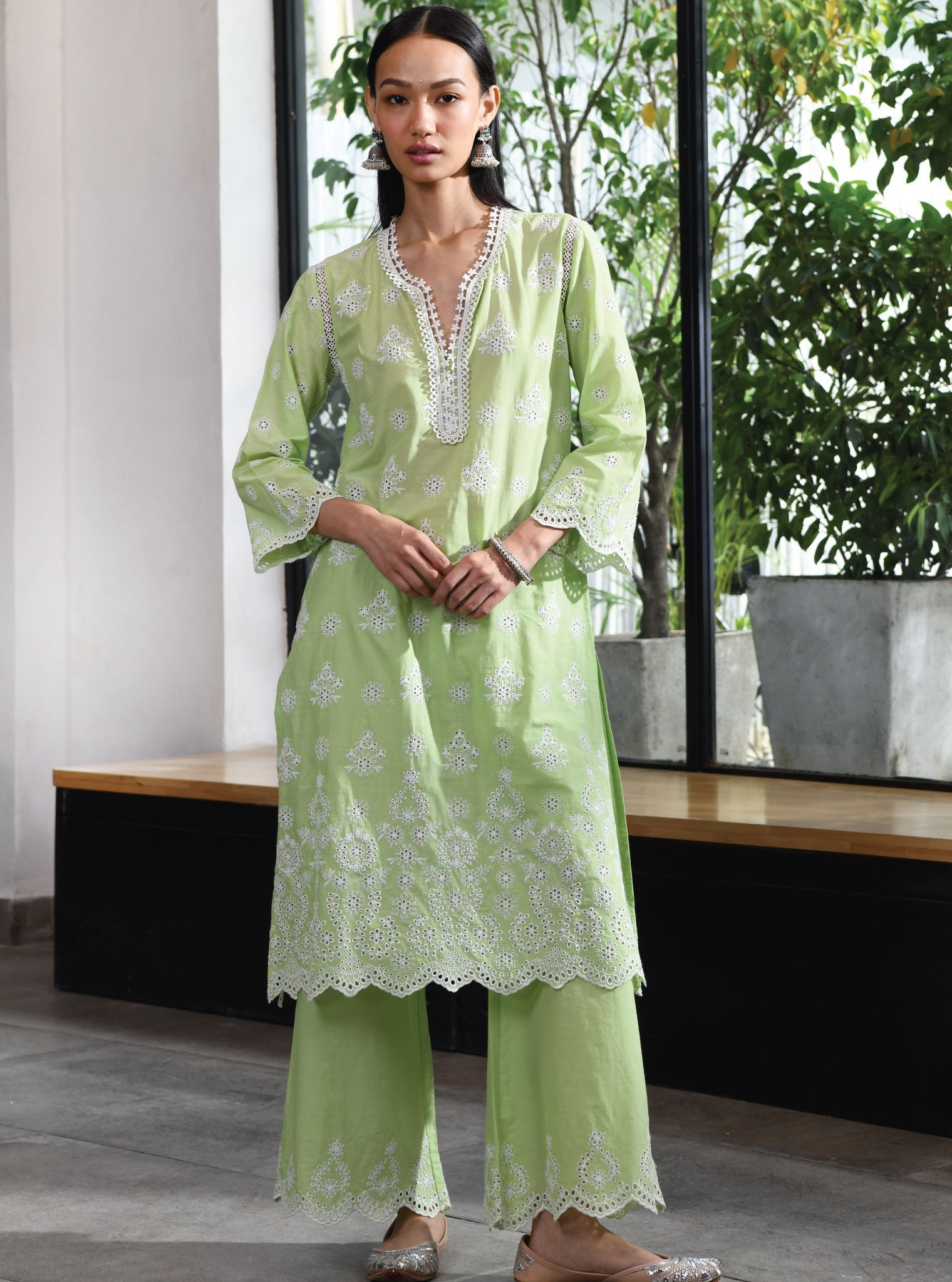 Mulmul Cotton Ripon Green Kurta With Ripon Green Pant