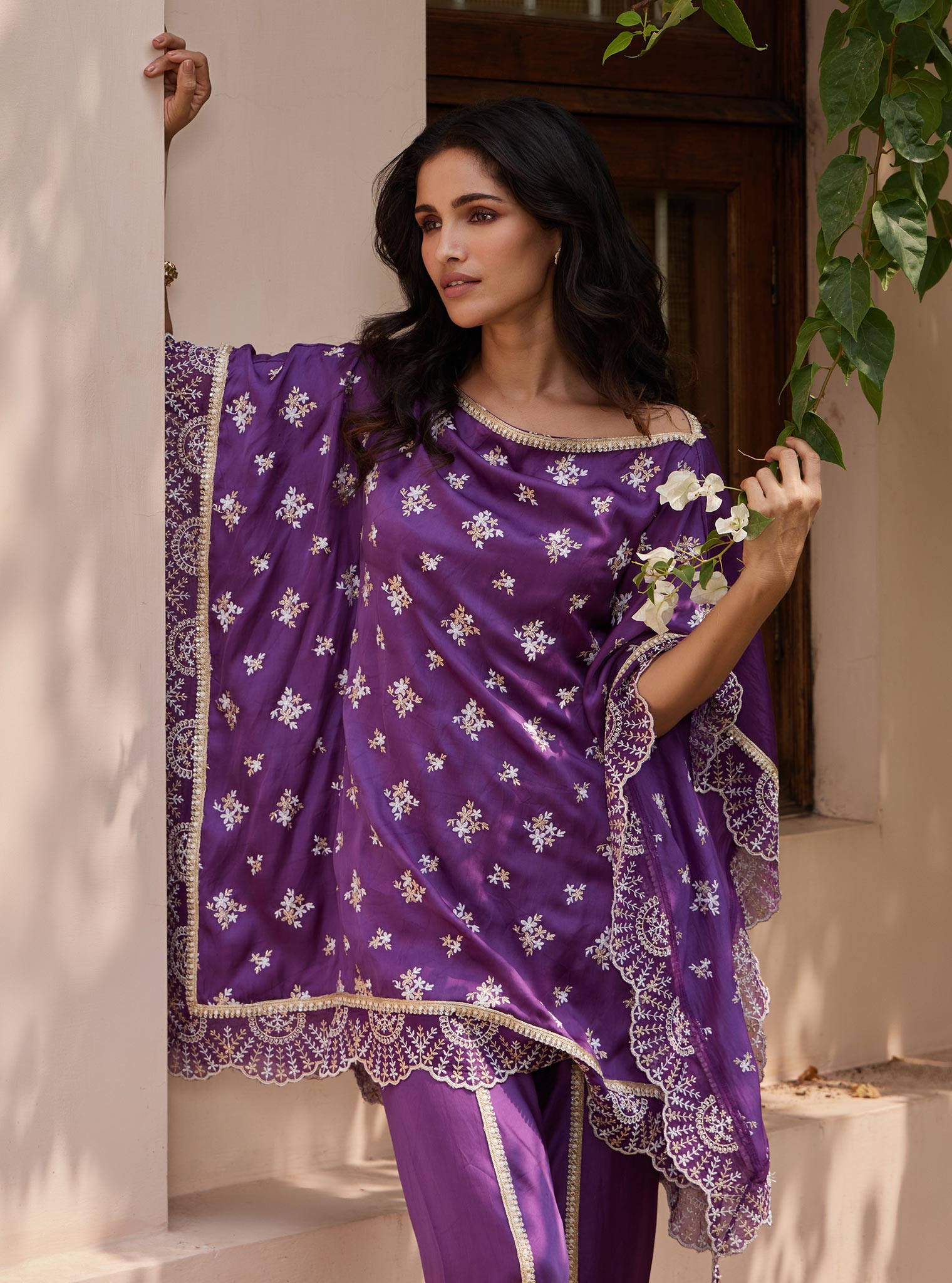 Mulmul Cupro Kasuni Purple Kaftan with Mulmul Cupro Kasuni Dhoti Purple Pant