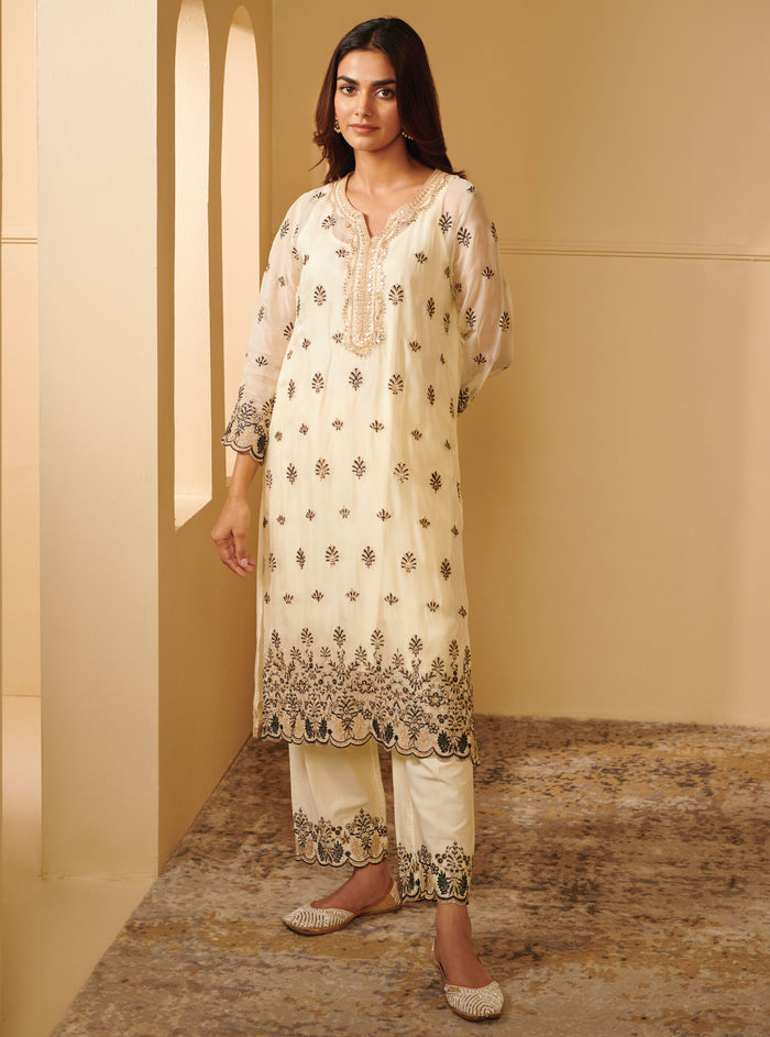 Mulmul Organza Surana Off White Kurta