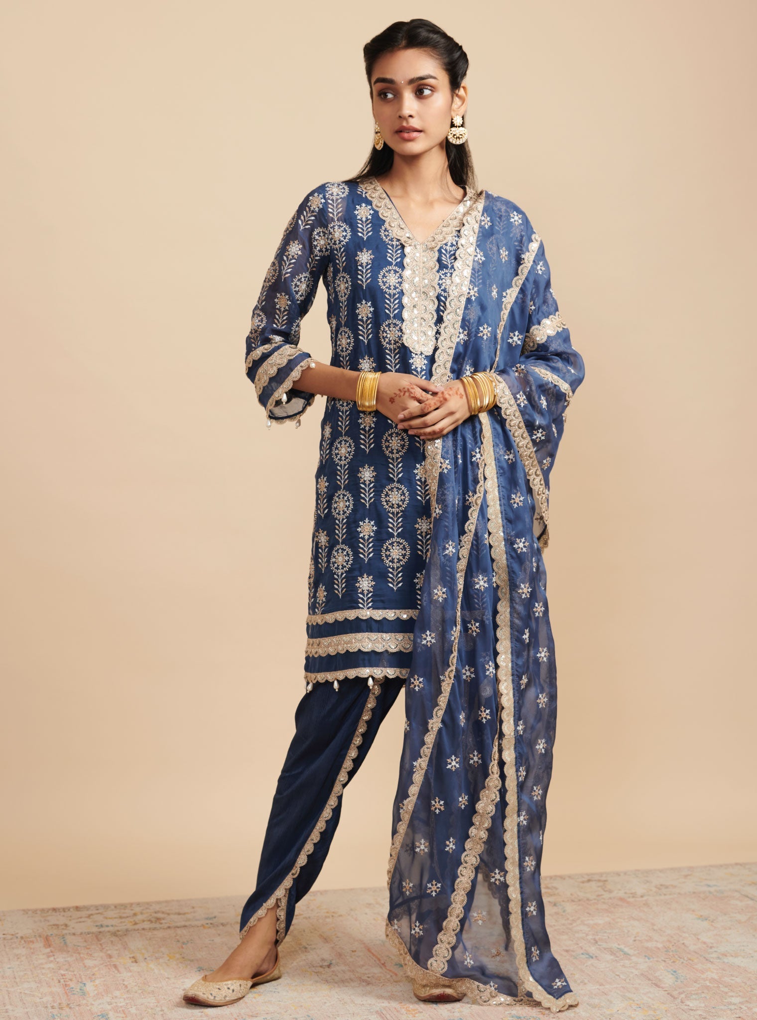 Mulmul Organza Surma Navy Kurta With Mulmul Silk Surma Navy Dhoti Pant