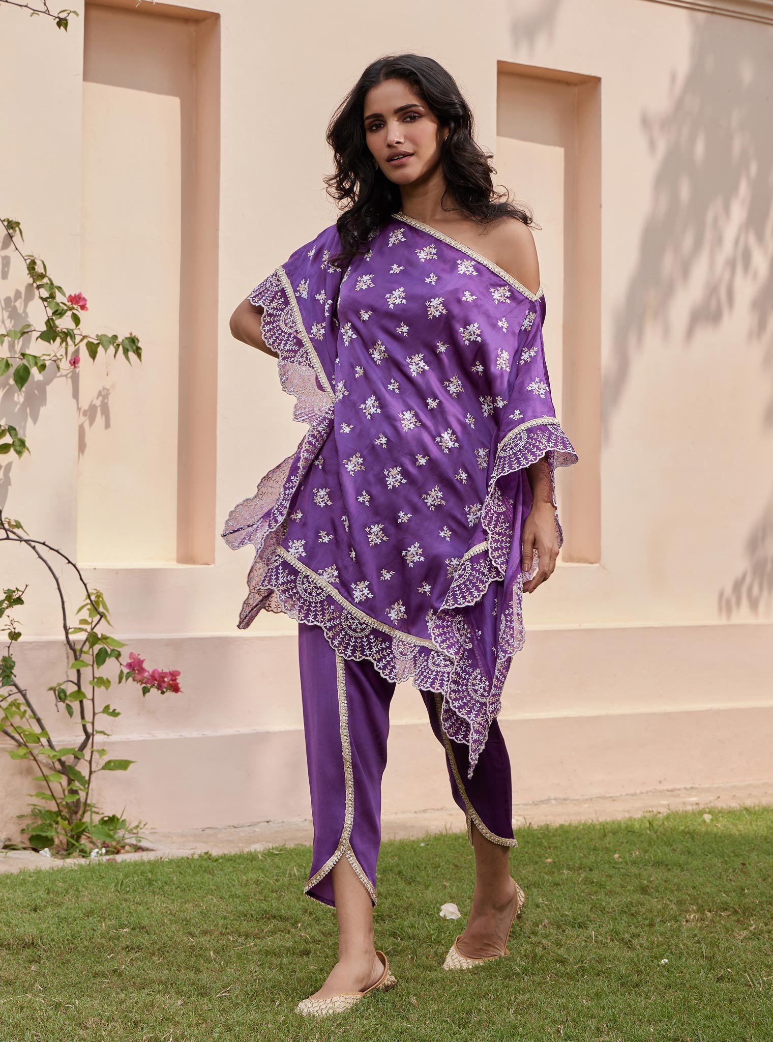 Mulmul Cupro Kasuni Purple Kaftan with Mulmul Cupro Kasuni Dhoti Purple Pant