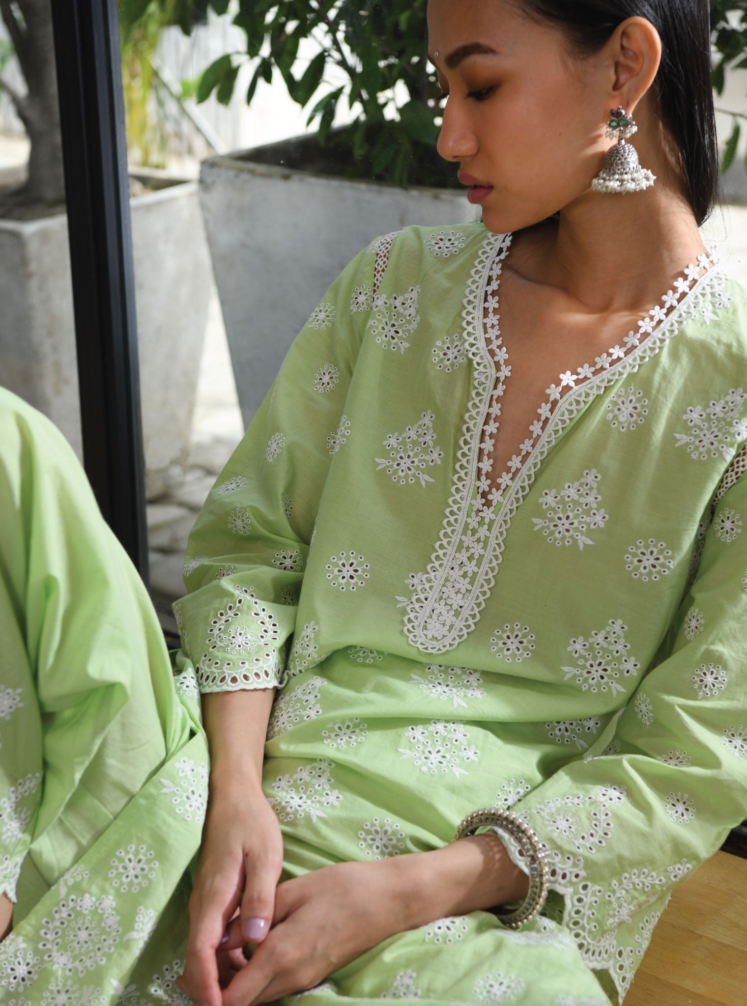 Mulmul Cotton Ripon Green Kurta With Ripon Green Pant