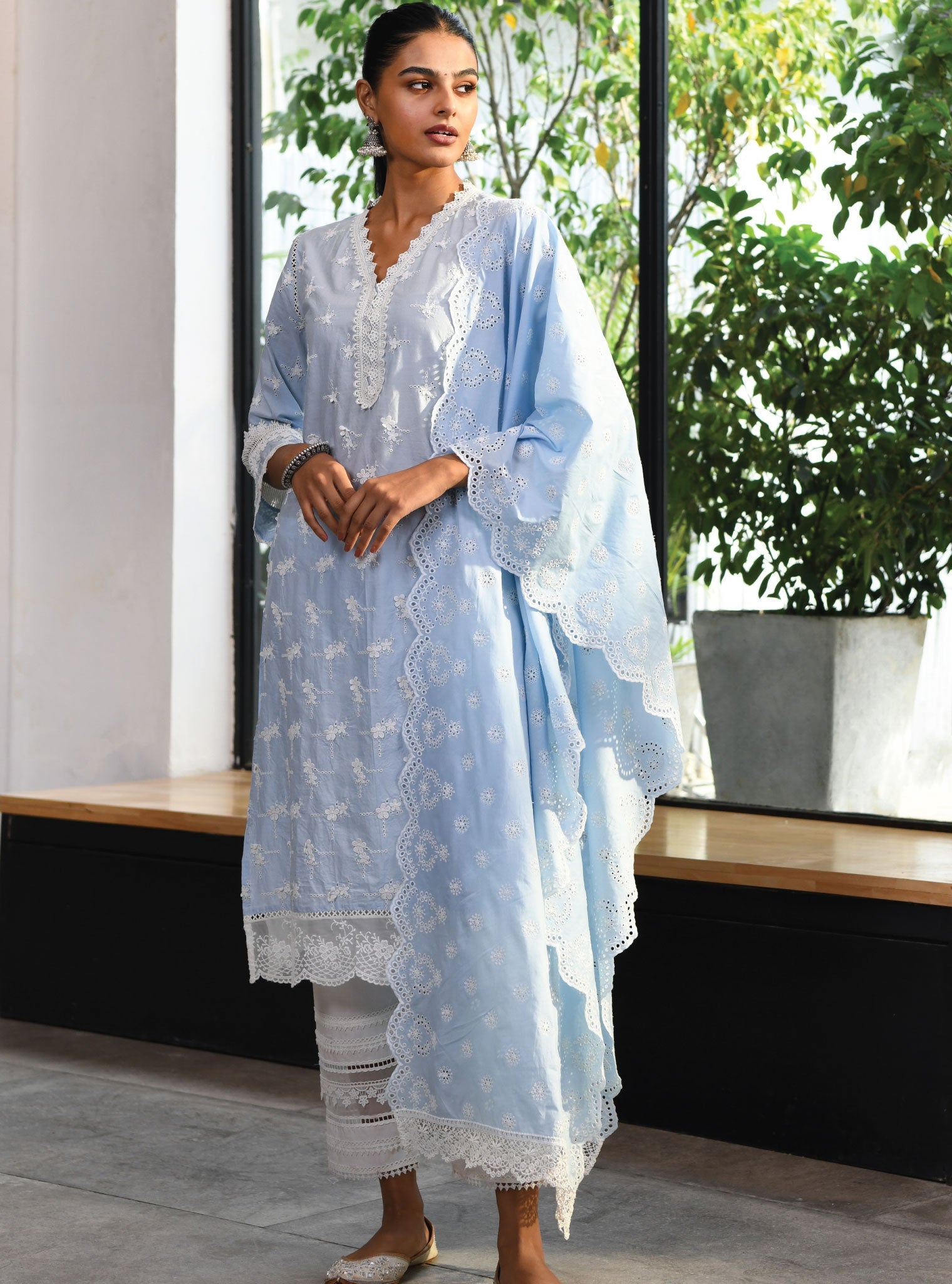 Mulmul Cotton Salisbury Blue Kurta With Multi Lace Slim White Pant