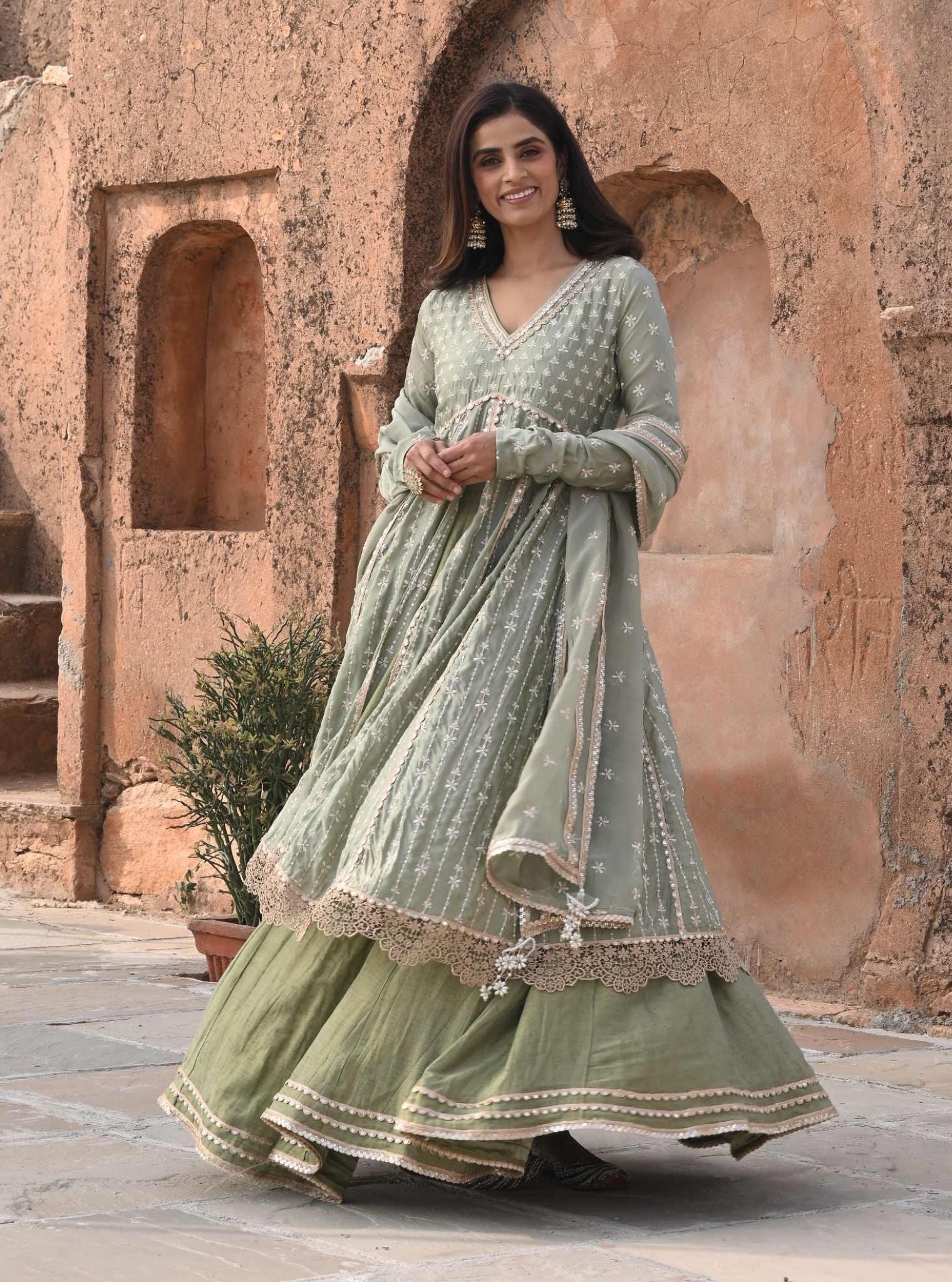 Mulmul Organza Satin Jhoom Sage Green Anarkali Kurta with Mulmul Luxe Tissue Satin Jhoom Sage Green Lehenga