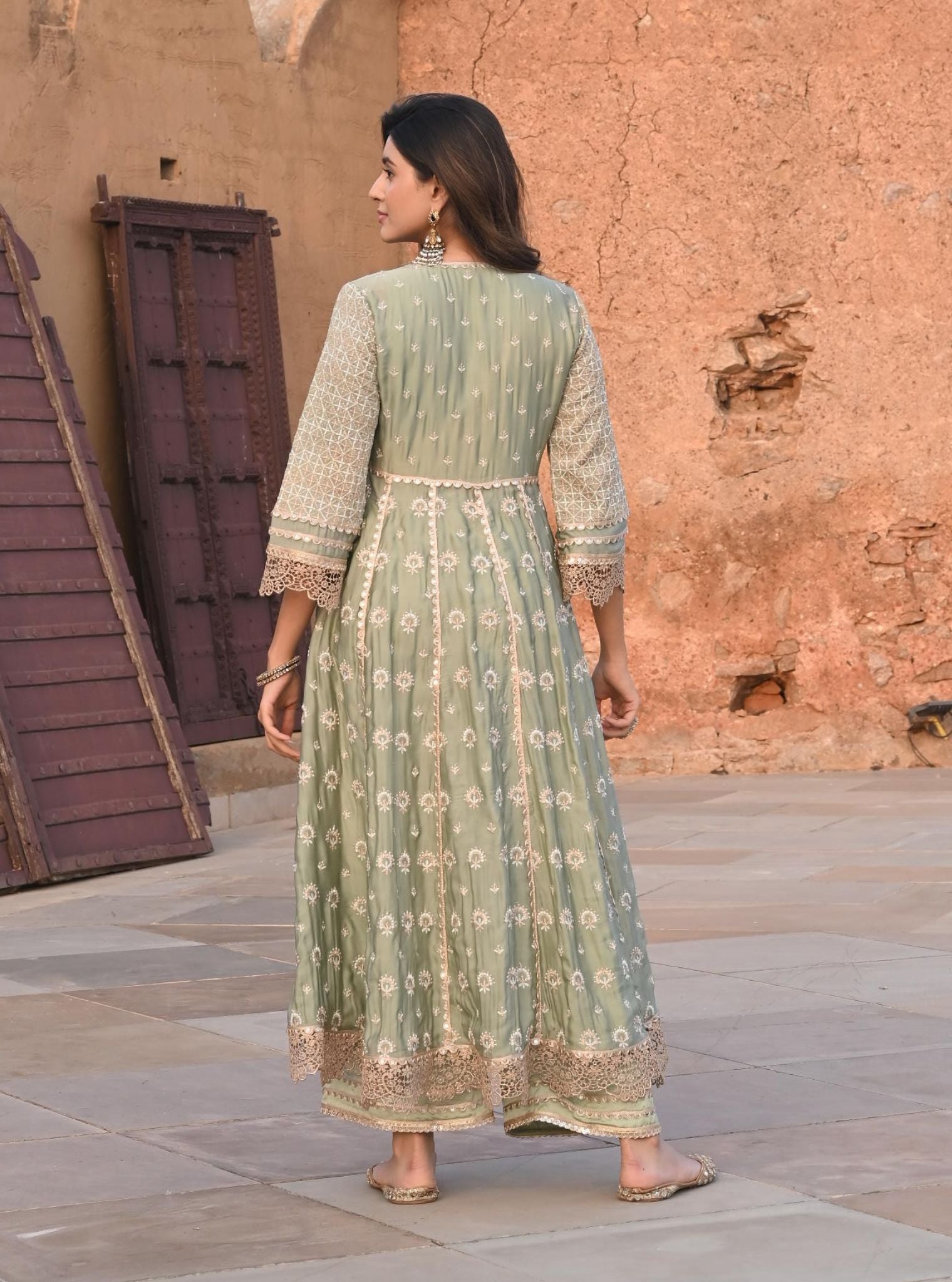 Mulmul Organza Satin Navrai Sage Green Anarkali Kurta with Mulmul Modal Satin Navrai Sage Green Pant