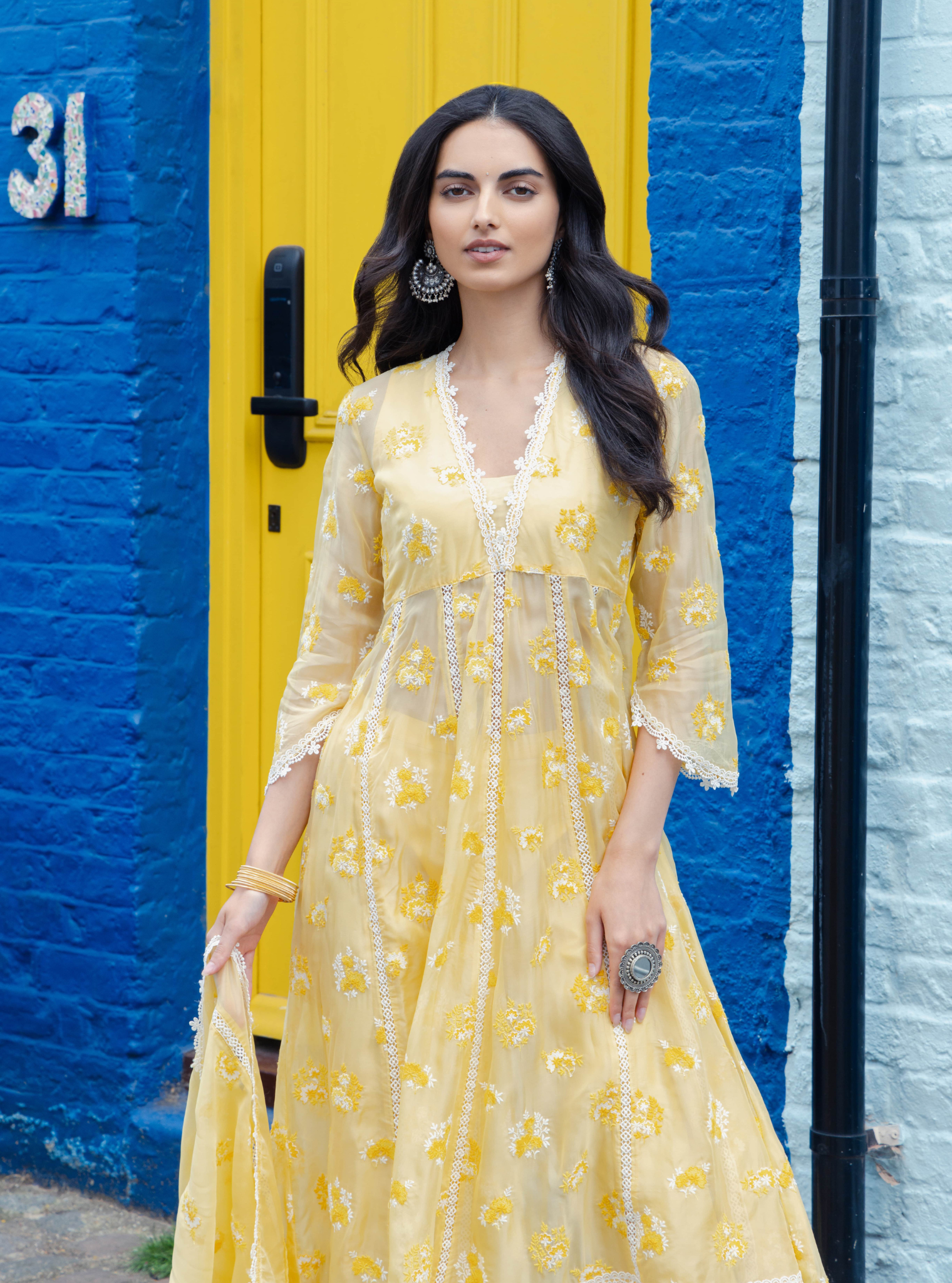 Mulmul Organza Stirling Yellow Anarkali Kurta With Cotton Stirling Yellow Pant