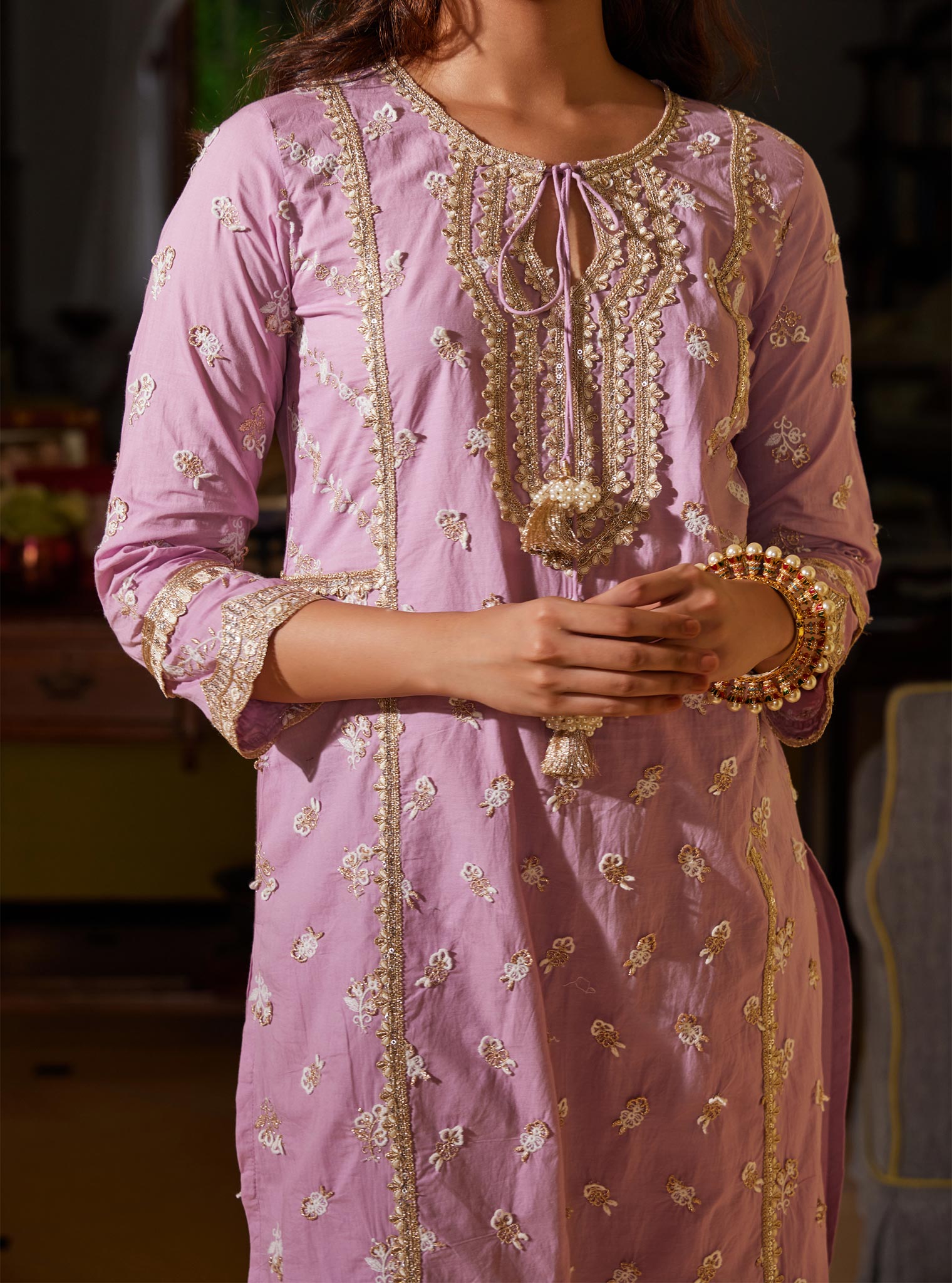 Mulmul Cotton Adah Lilac Kurta with Mulmul Cotton Adah Lilac Pant