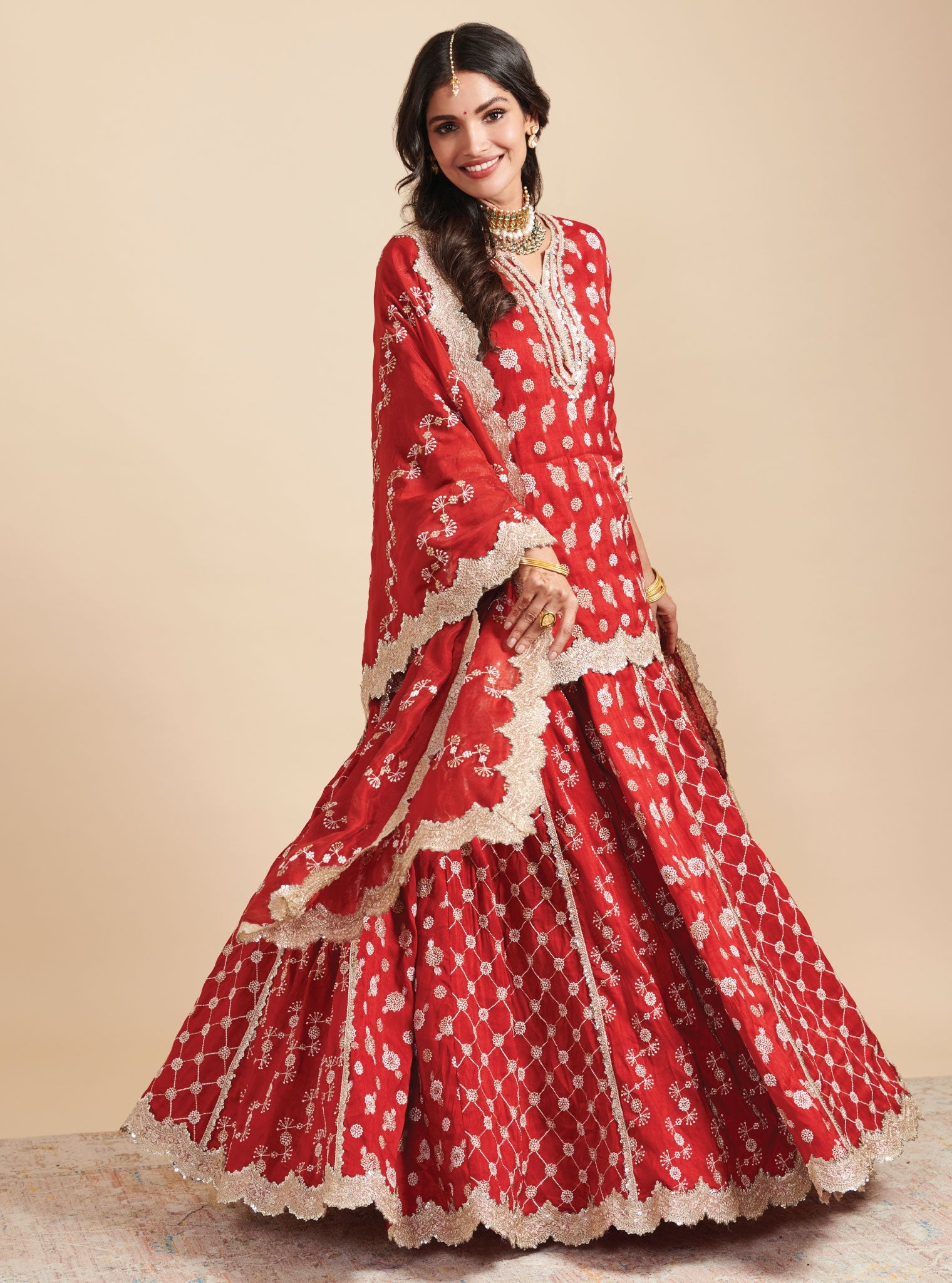 Mulmul Silk Surkh Red Kurta With Mulmul Silk Surkh Red Lehenga