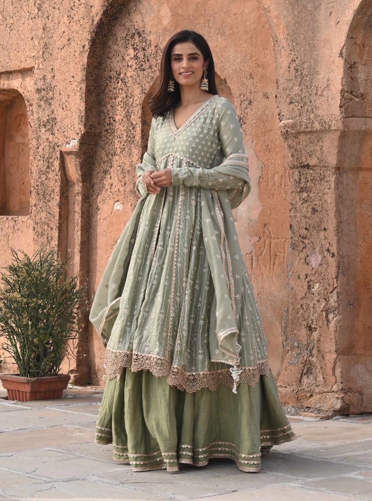 Mulmul Organza Satin Jhoom Sage Green Anarkali Kurta with Mulmul Luxe Tissue Satin Jhoom Sage Green Lehenga