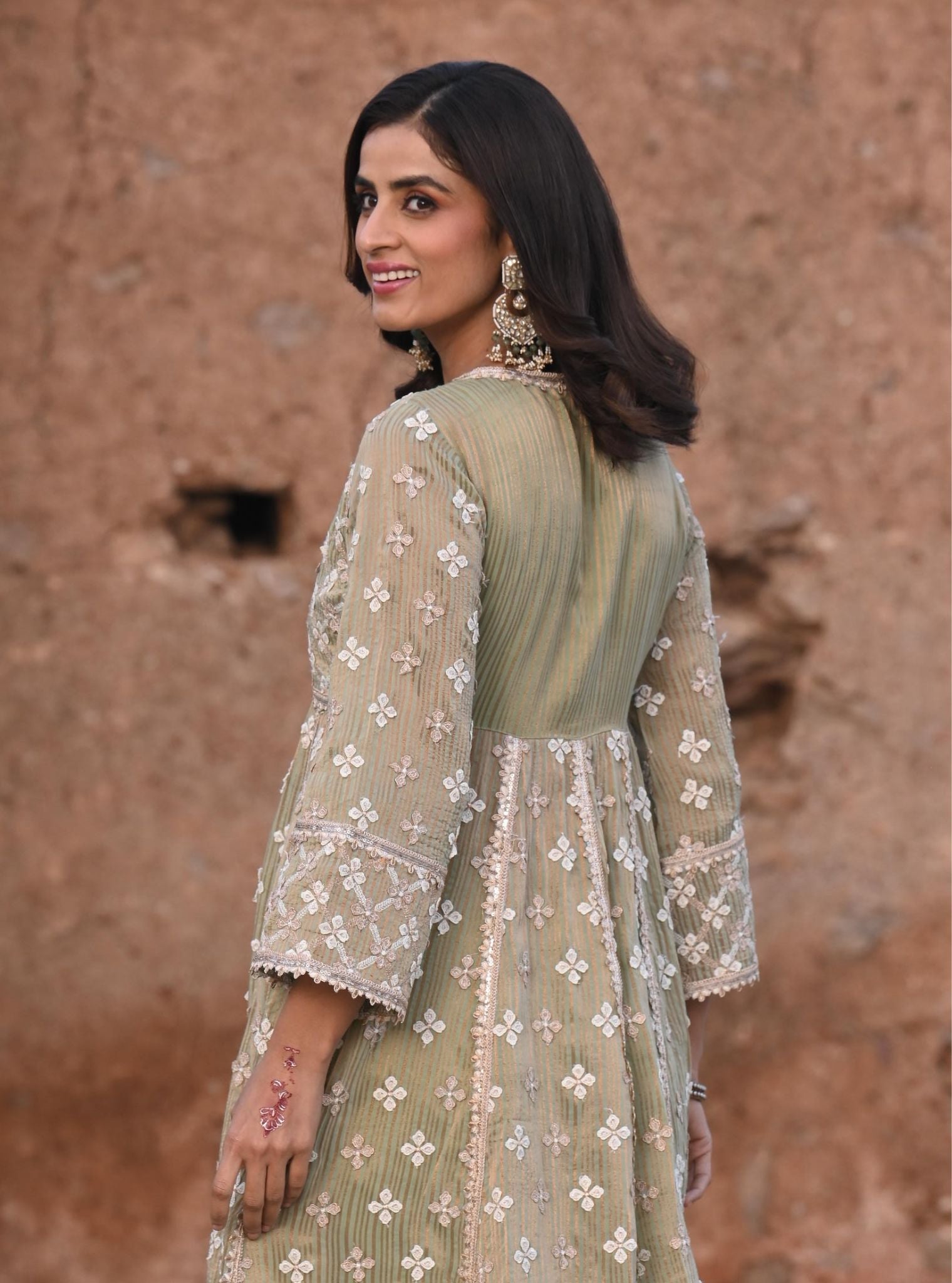 Mulmul Banarsi Bhumbro Green Anarkali Kurta with Mulmul Pima Satin Bhumbro Green Pant