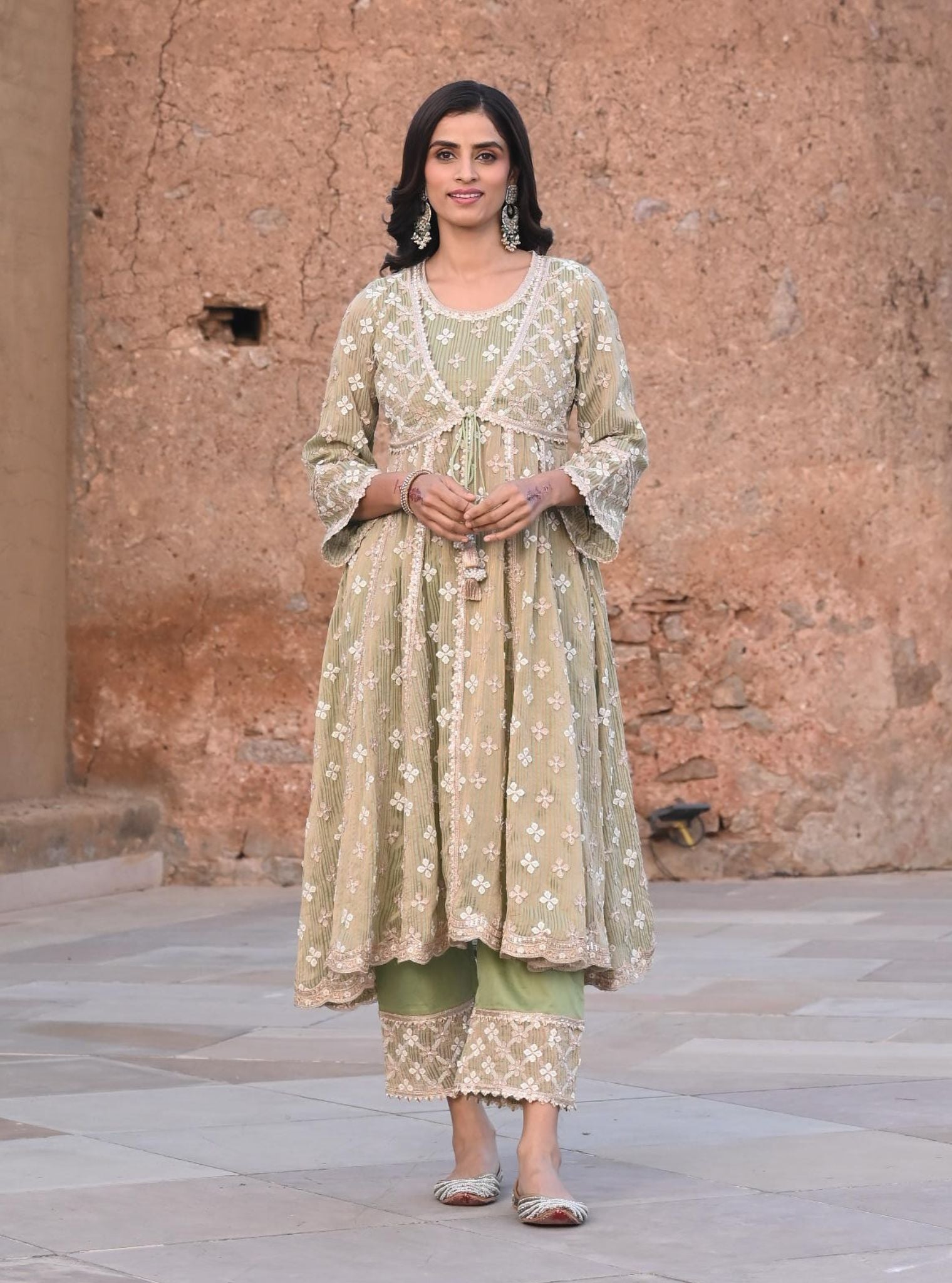 Mulmul Banarsi Bhumbro Green Anarkali Kurta with Mulmul Pima Satin Bhumbro Green Pant