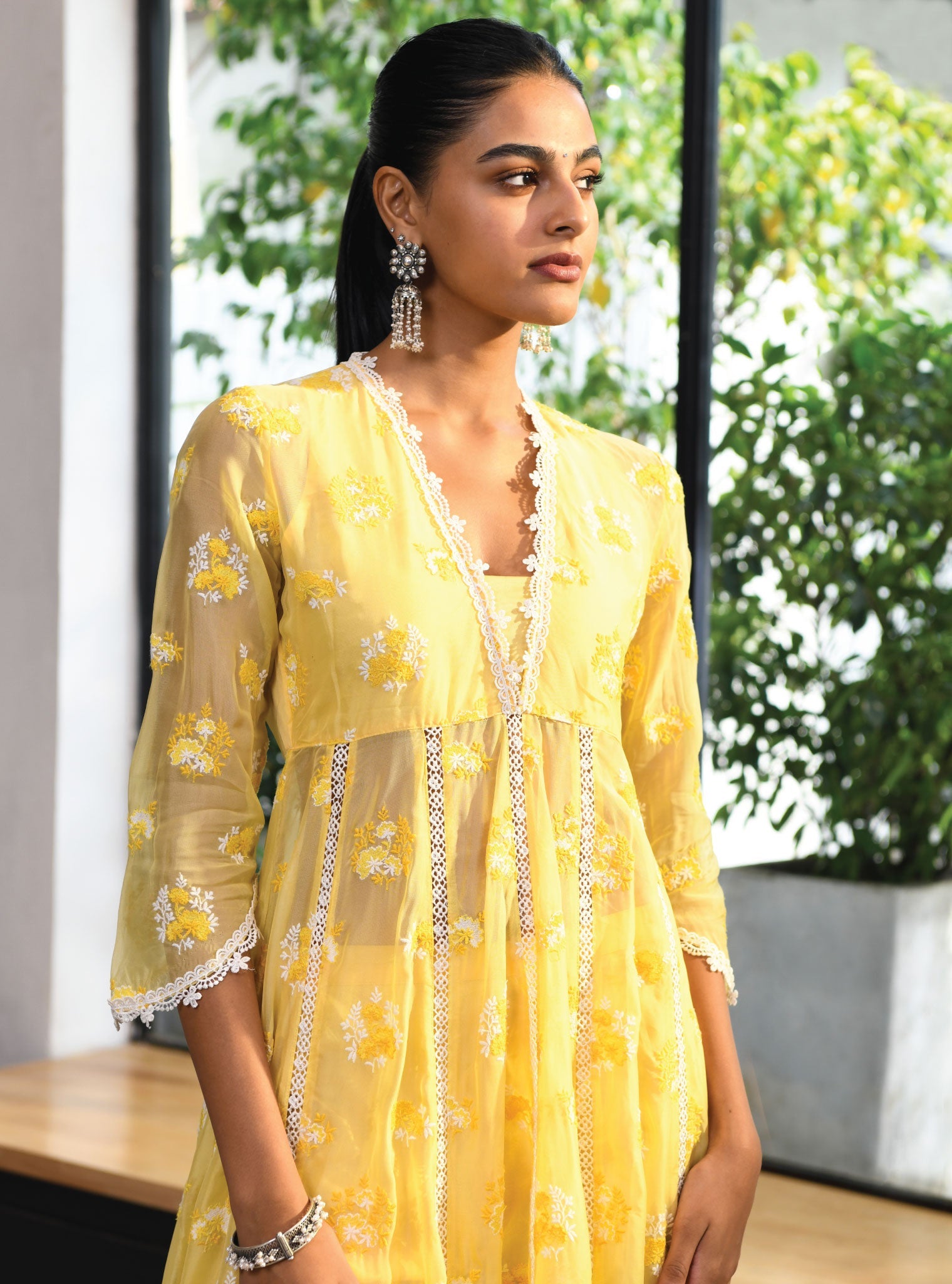 Mulmul Organza Stirling Yellow Anarkali Kurta With Cotton Stirling Yellow Pant