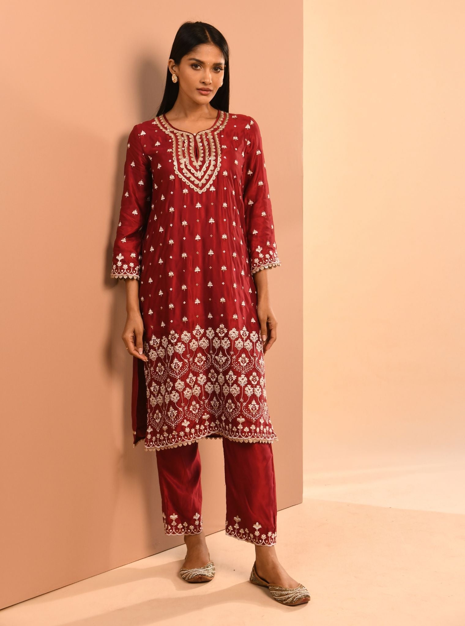 Mulmul Cupro Aarya Wine Kurta With Mulmul Cupro Aarya Wine Pant