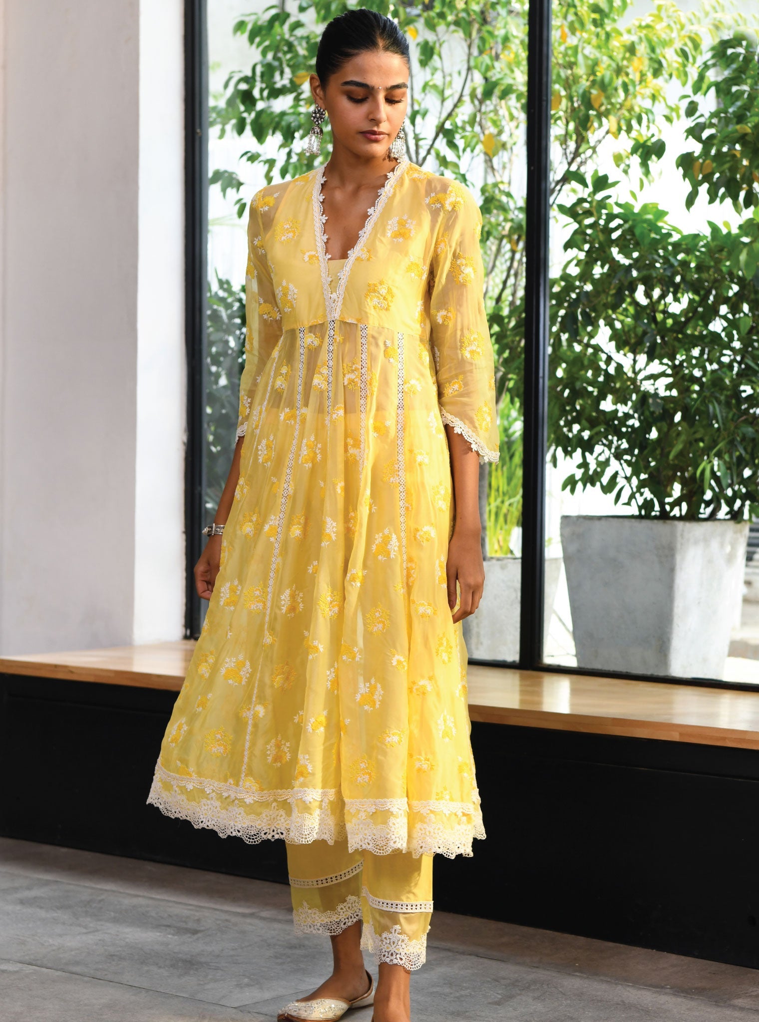 Mulmul Organza Stirling Yellow Anarkali Kurta With Cotton Stirling Yellow Pant