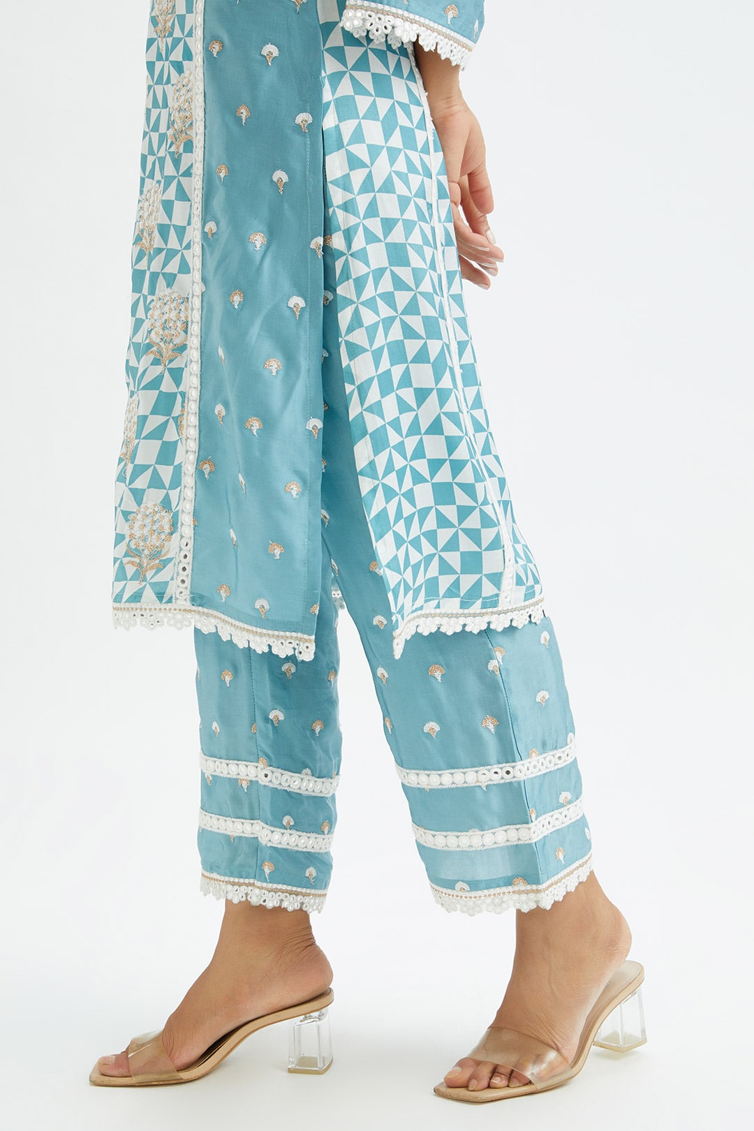 Mulmul Cupro silk Addle Teal Kurta With Addle Teal Pant