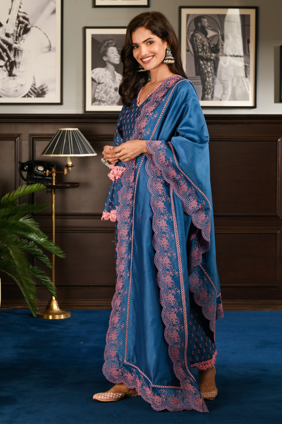 Pima Satin Ancle Kurta With Ancle pyajama Blue