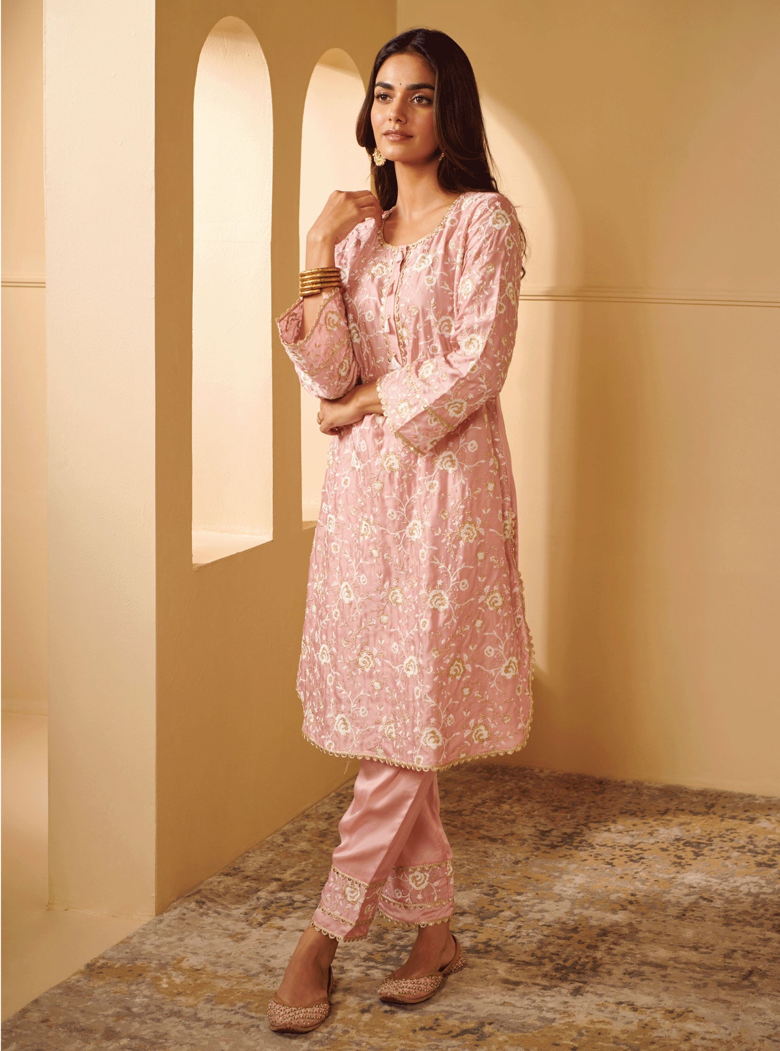 Mulmul Cupro Silk Apti Pink Kurta With Apti Pink Pant