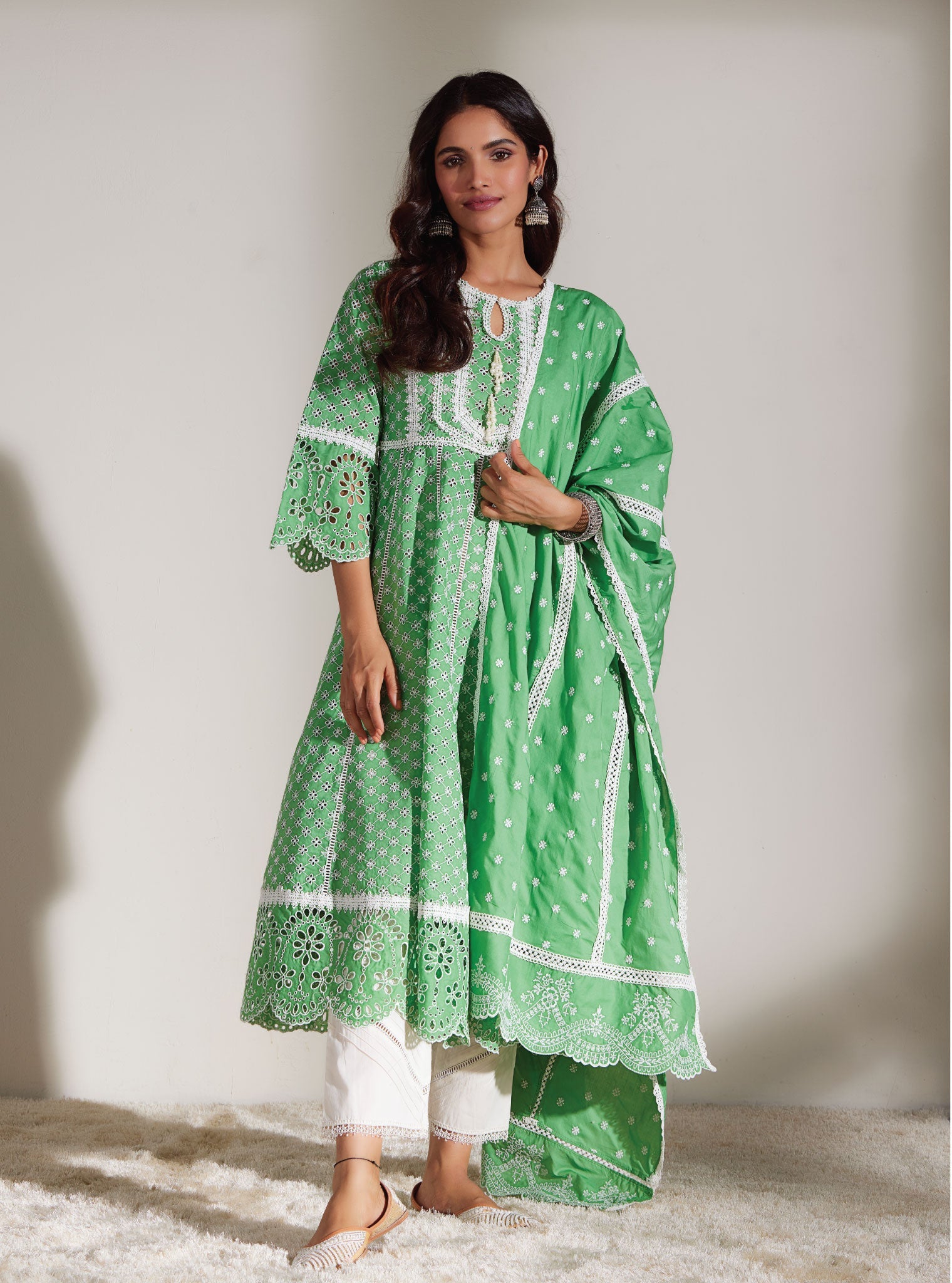 Mulmul Cotton Arris Green Anarkali  Kurta