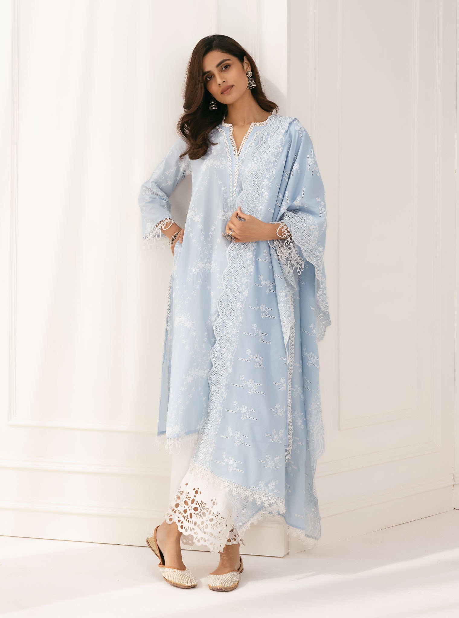 Mulmul Cotton Arki Blue Kurta With Rylee White Palazzo