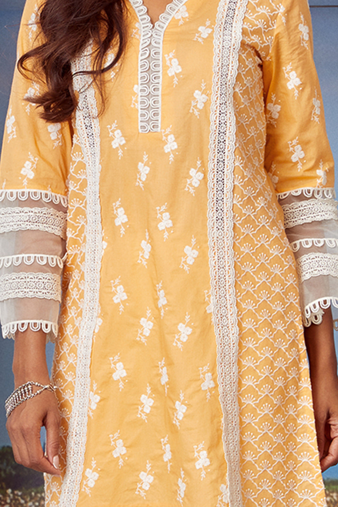 Mulmul Cotton Armada Orange Kurta With Umbrella Frill White Pyajama