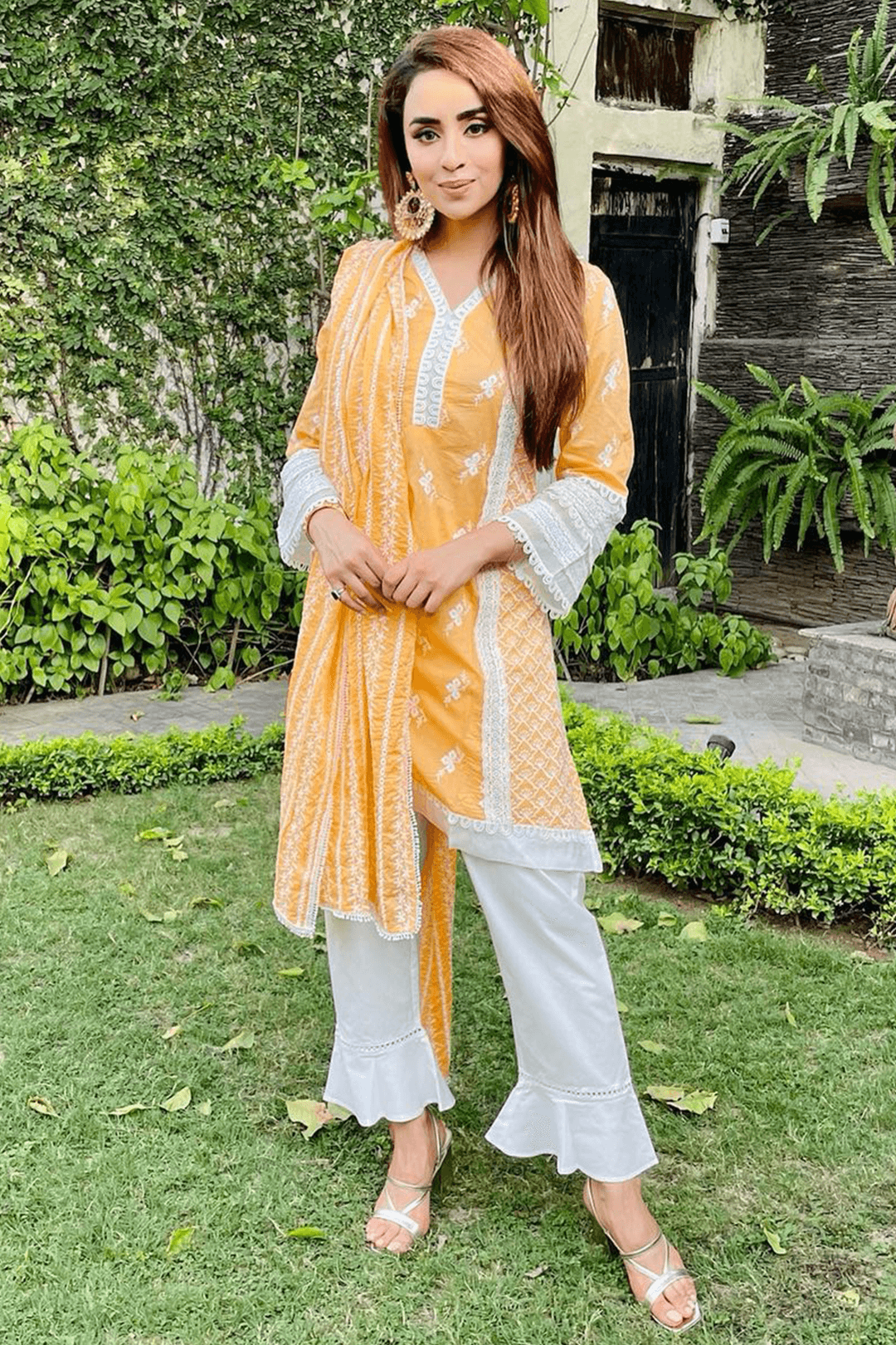 Mulmul Cotton Armada Orange Kurta With Umbrella Frill White Pyajama