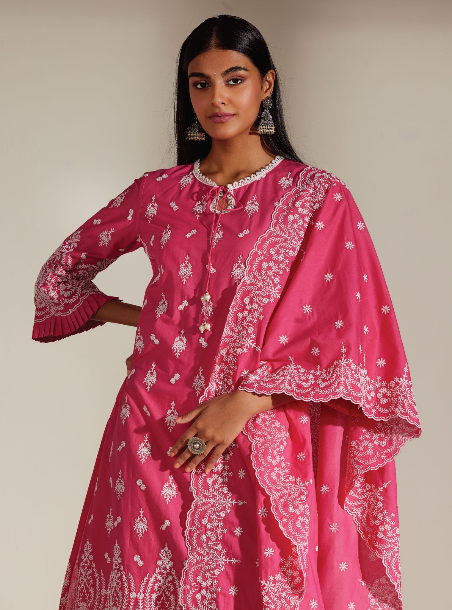 Mulmul Cotton Asteria Pink Kurta With Asteria Pink Palazzo