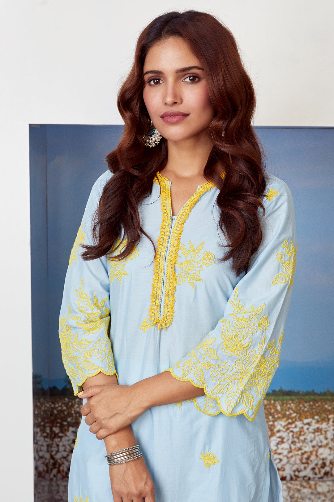 Mulmul Cotton Azure Kurta With Azure Pyajama