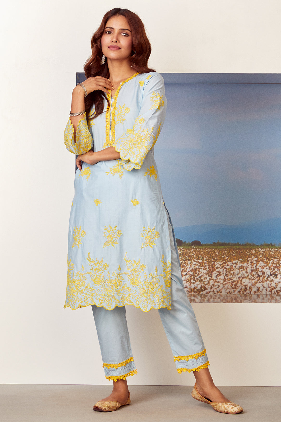 Mulmul Cotton Azure Kurta With Azure Pyajama