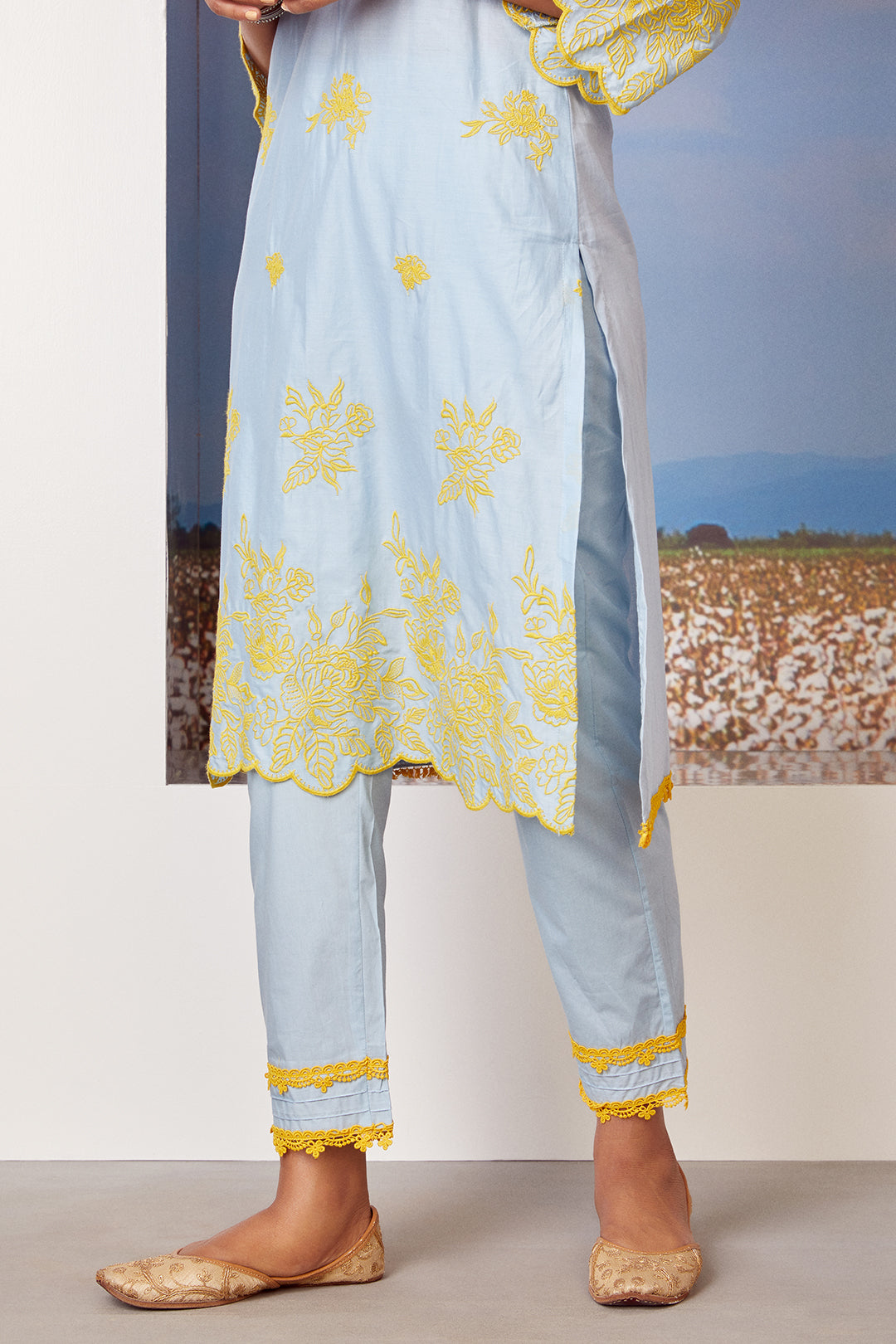 Mulmul Cotton Azure Kurta With Azure Pyajama