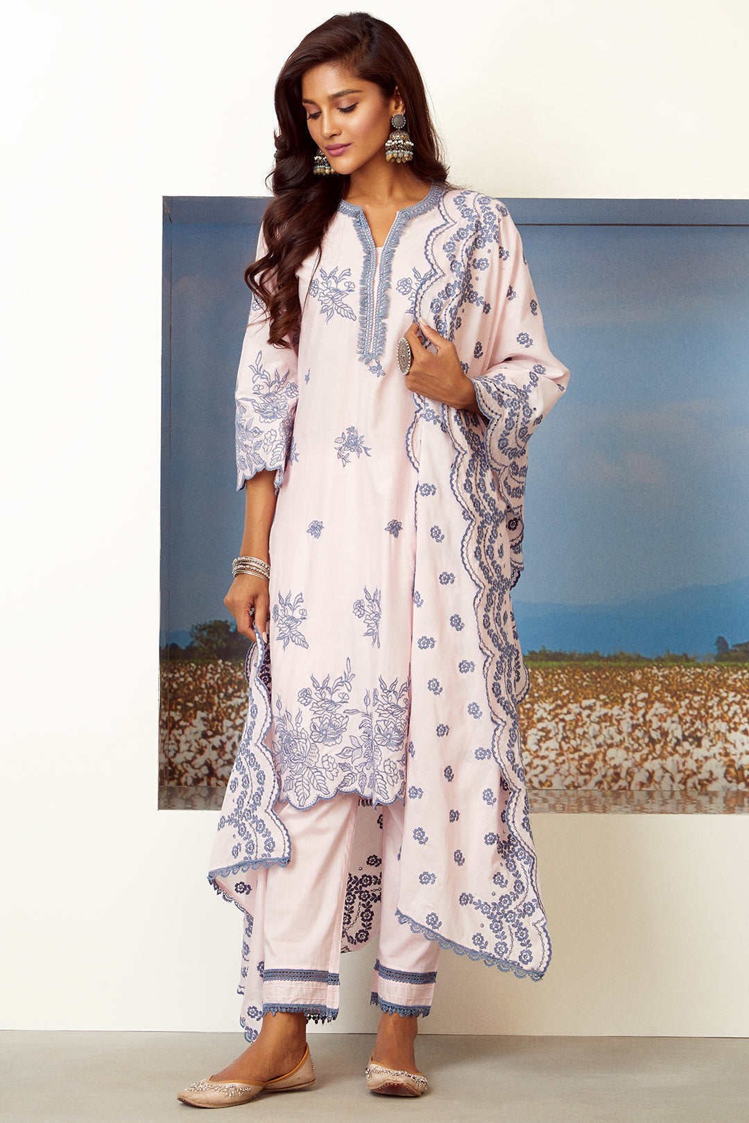 Mulmul Cotton Azure Kurta With Azure Pyajama