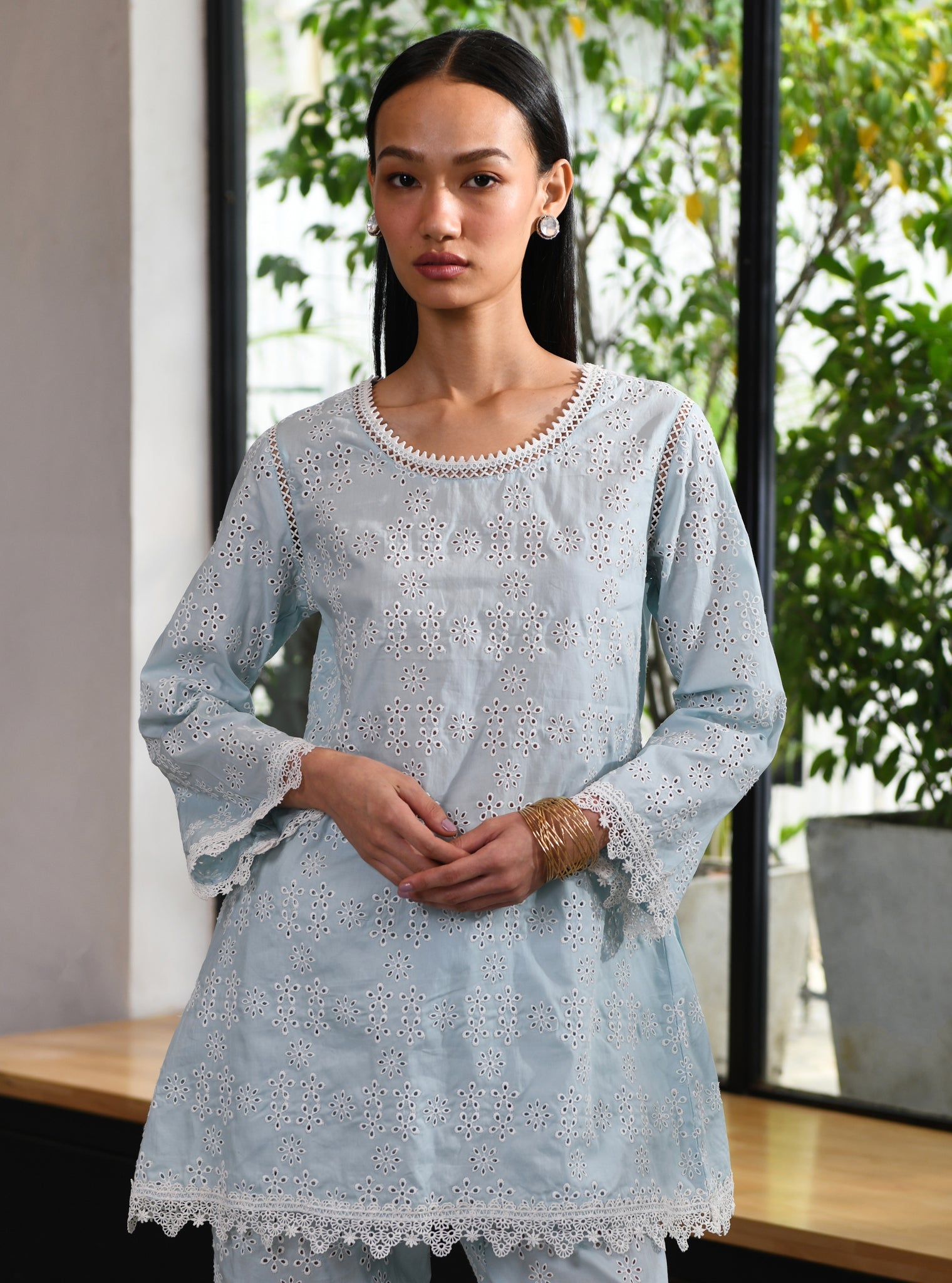 Mulmul Cotton Beverly Blue Top With Beverly Blue Pant