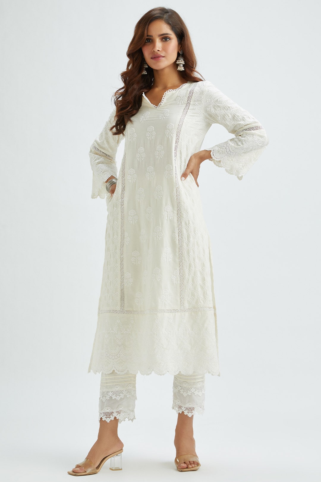 Mulmul Cotton Blair Kurta With Pintuck Organza Pant