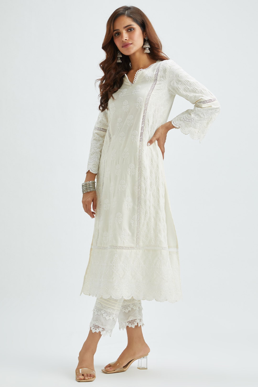 Mulmul Cotton Blair Kurta With Pintuck Organza Pant