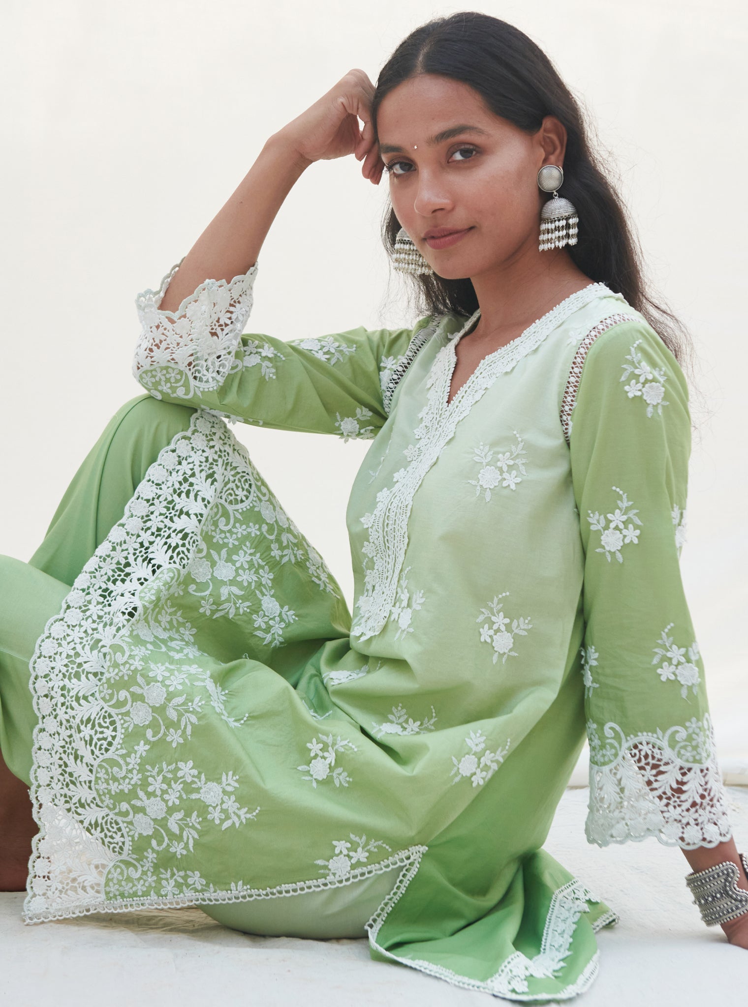 Mulmul Cotton Chapoli Green Kurta With Chapoli Green Pant