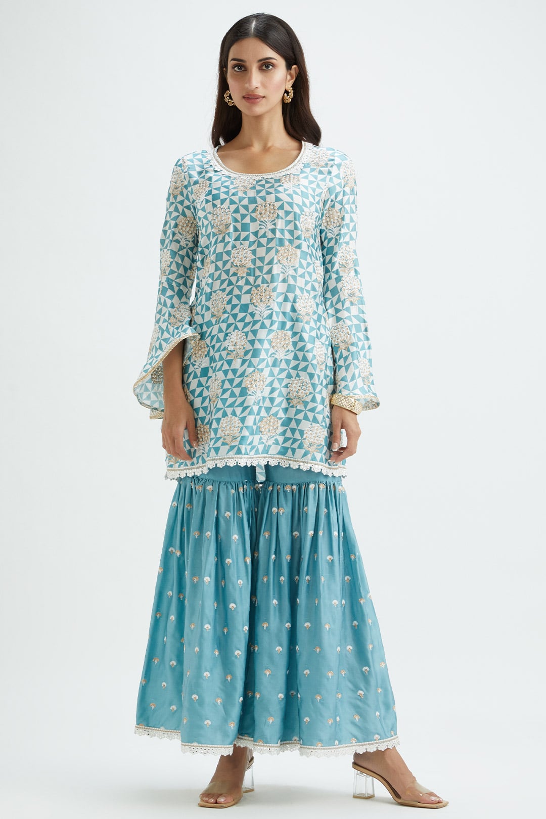 Mulmul Cupro Silk Camden Teal Kurta With Camden Teal Garara