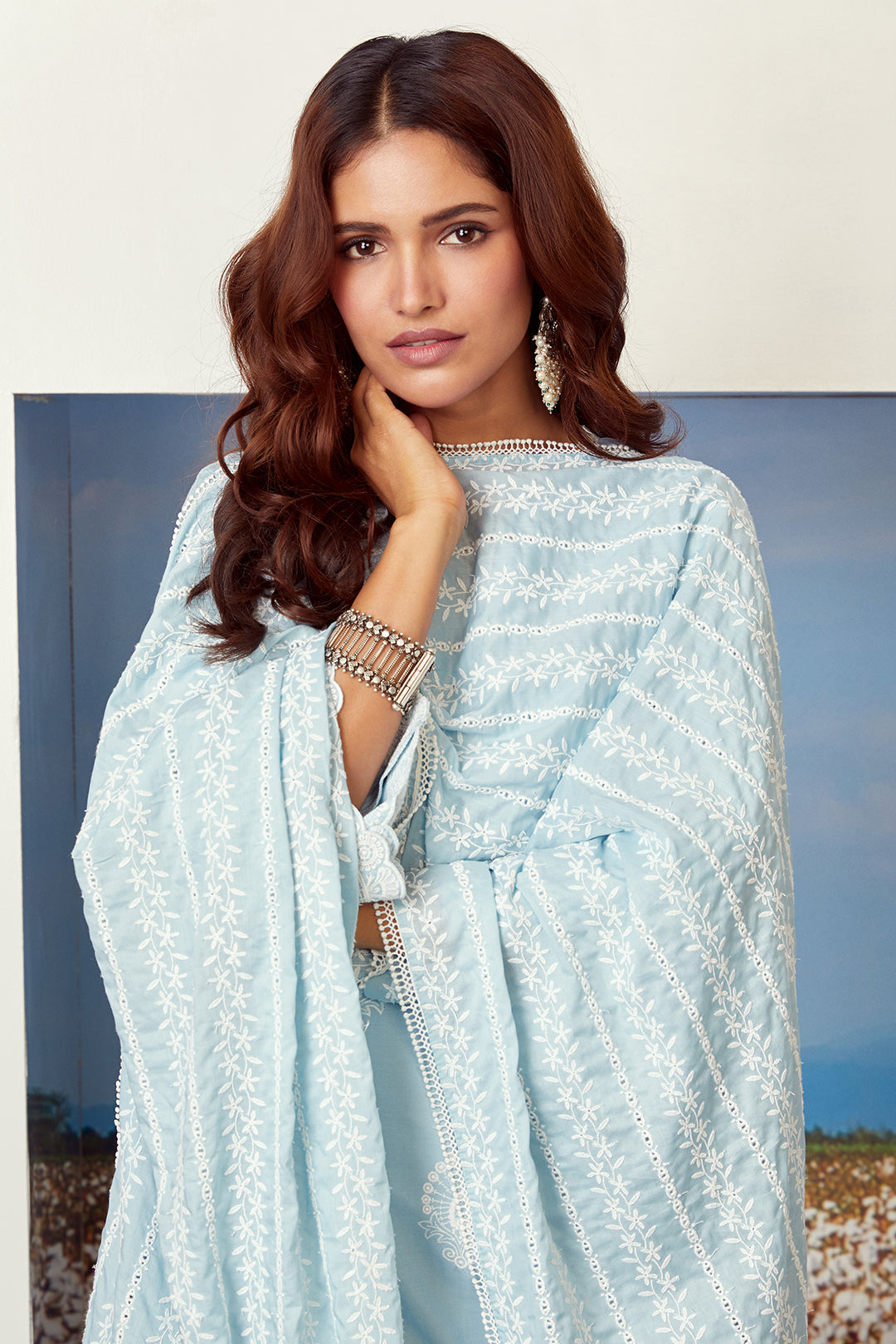 Mulmul Cotton Dreamscape Light Blue Kurta With Two Lace White Palazzo