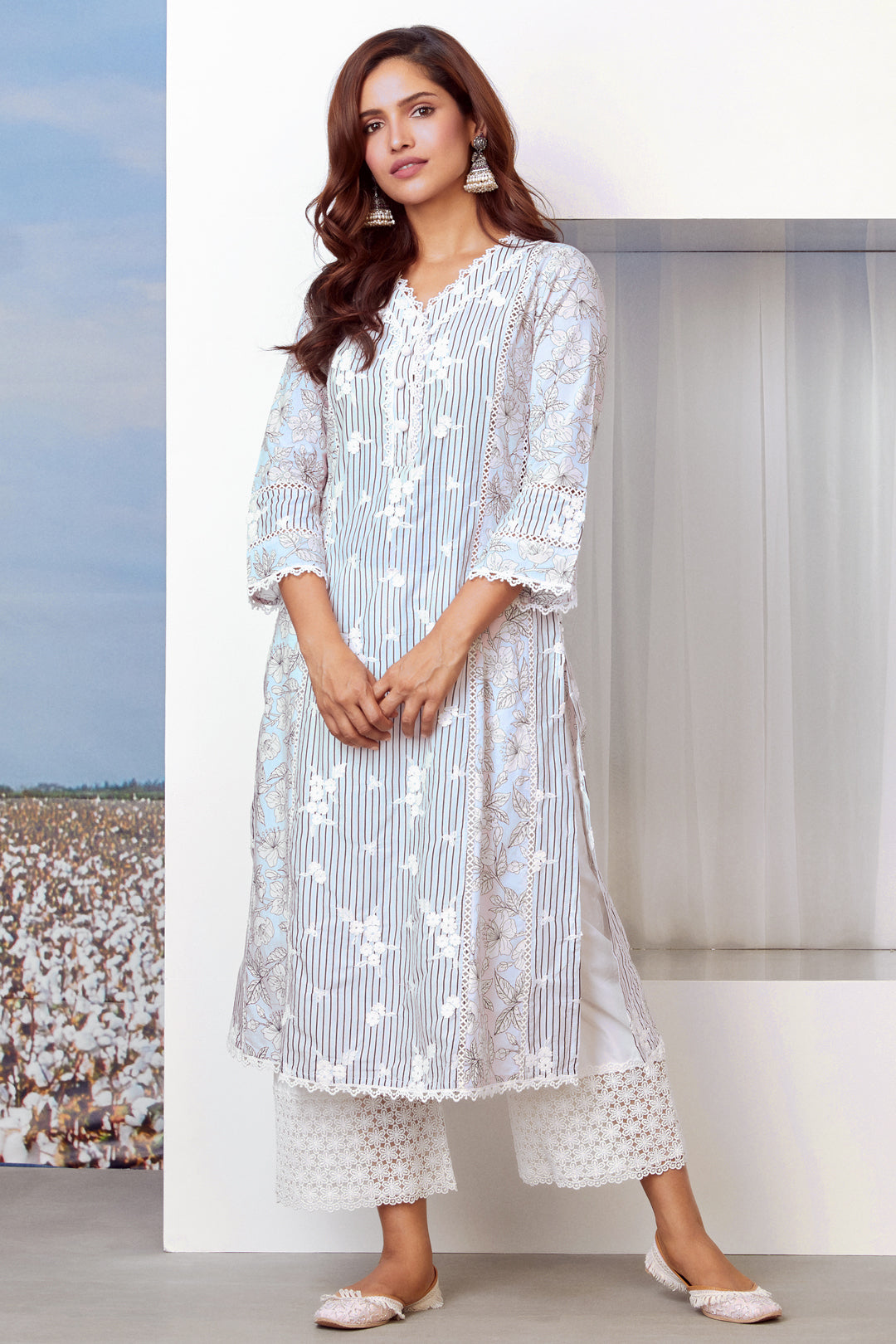 Mulmul Cotton Carnaby Light Blue Kurta With Lina White Palazzo