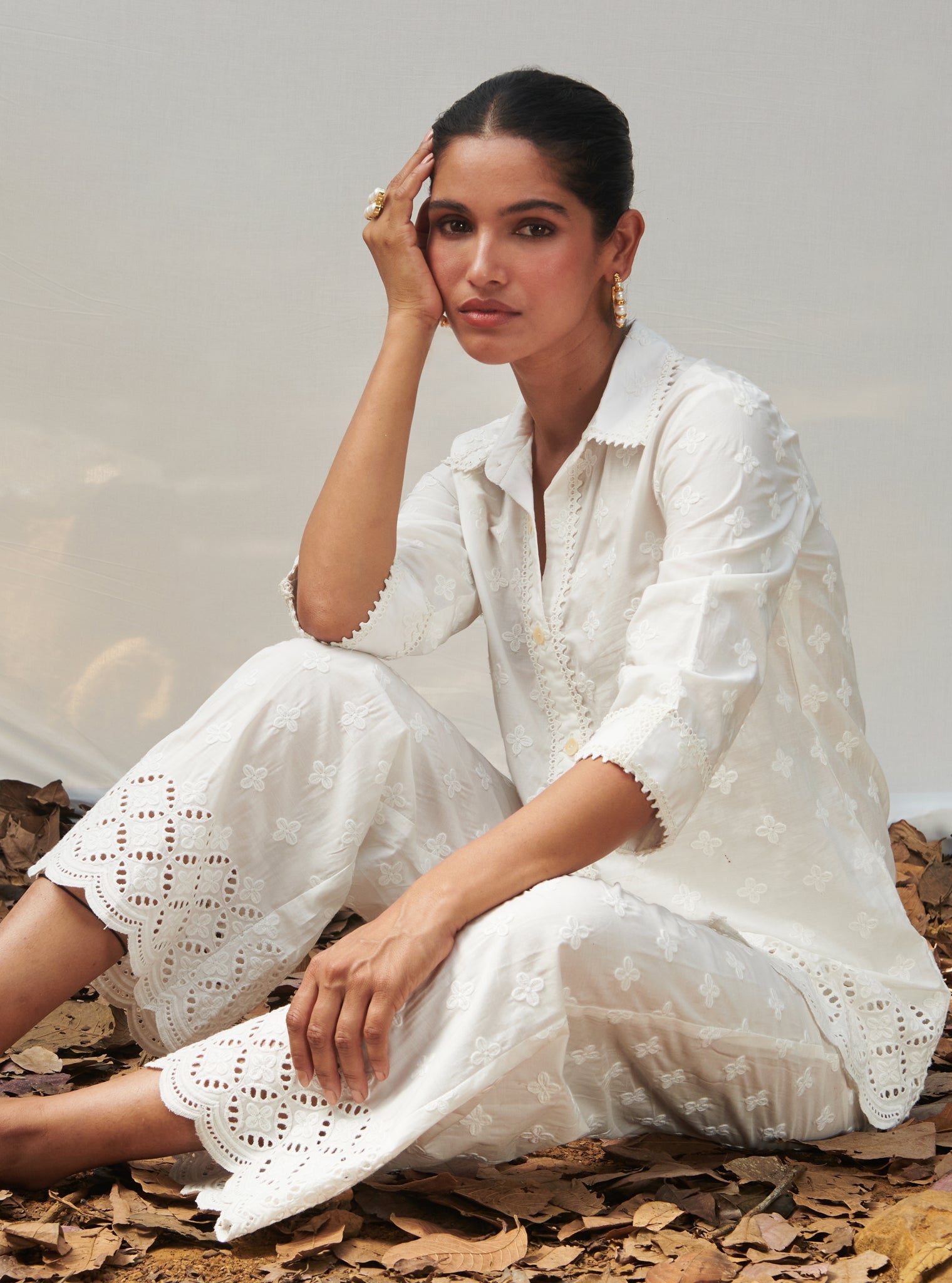 Mulmul Cotton Caspia White Shirt With Mulmul Cotton Caspia White Pant