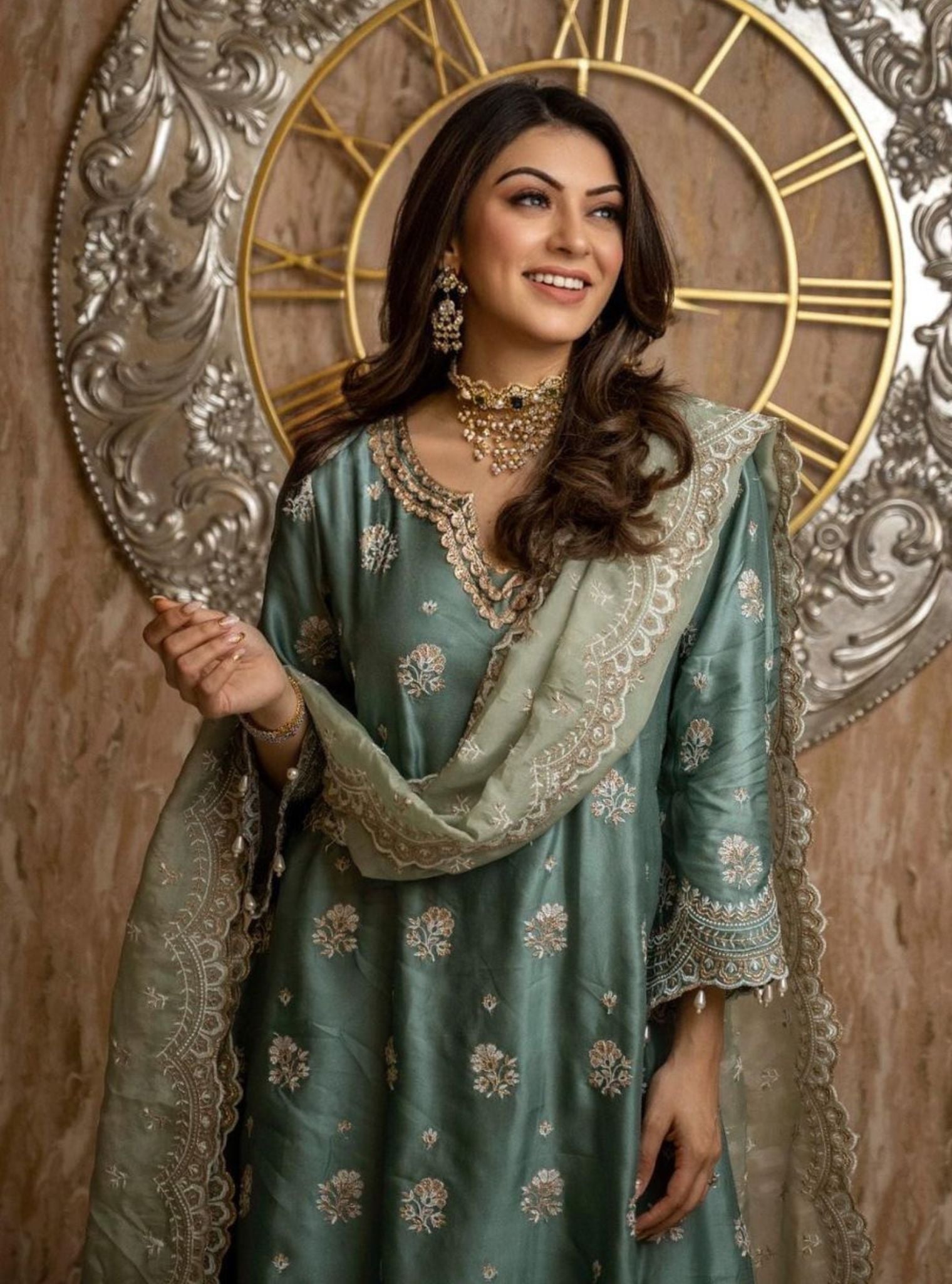 Mulmul Modal Satin Mehar Teal Blue Kurta with Mulmul Modal Satin Mehar Teal Blue Pant