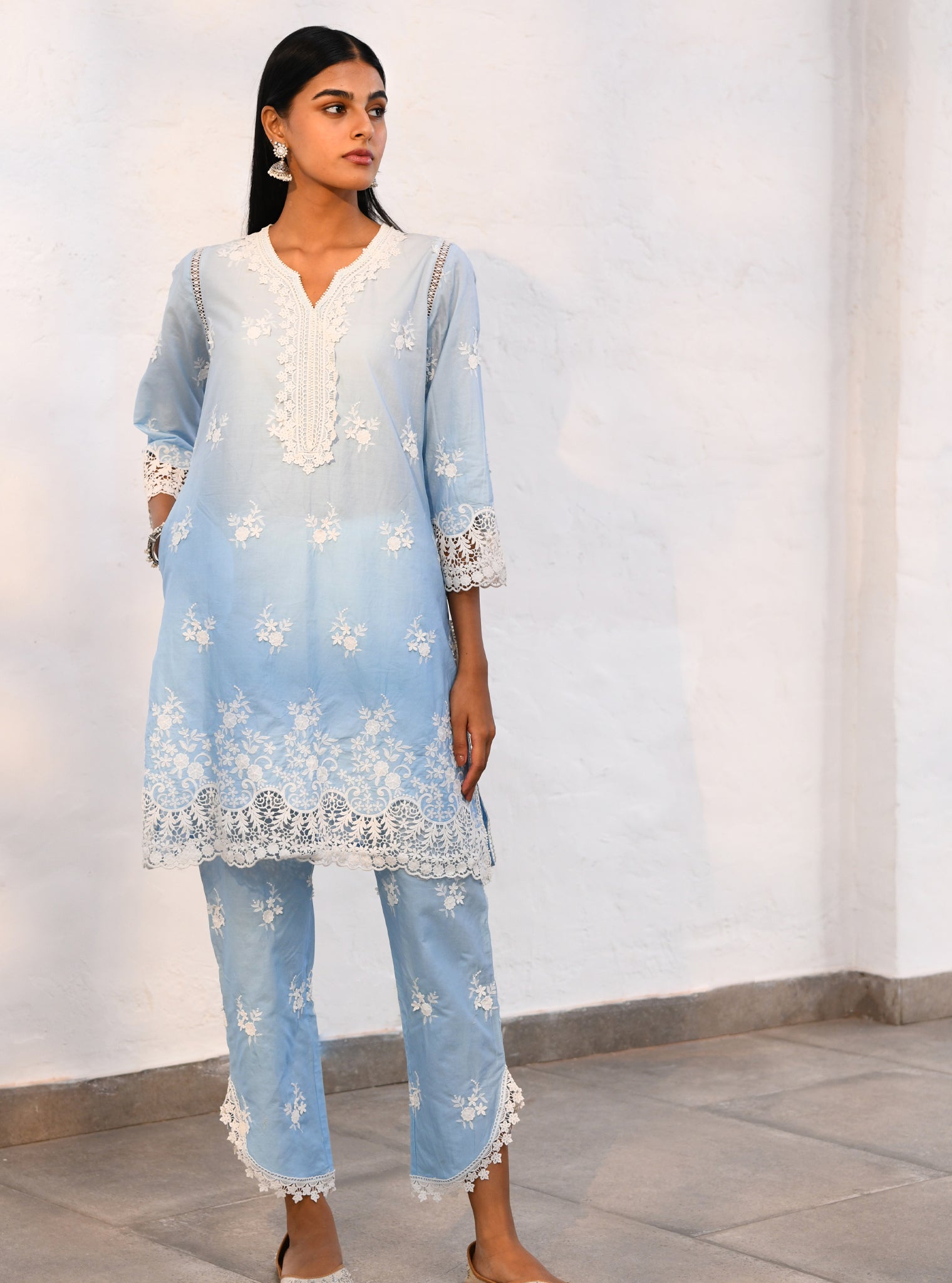 Mulmul Cotton Chapoli Blue Kurta With Mulmul Cotton Chapoli Blue Pant