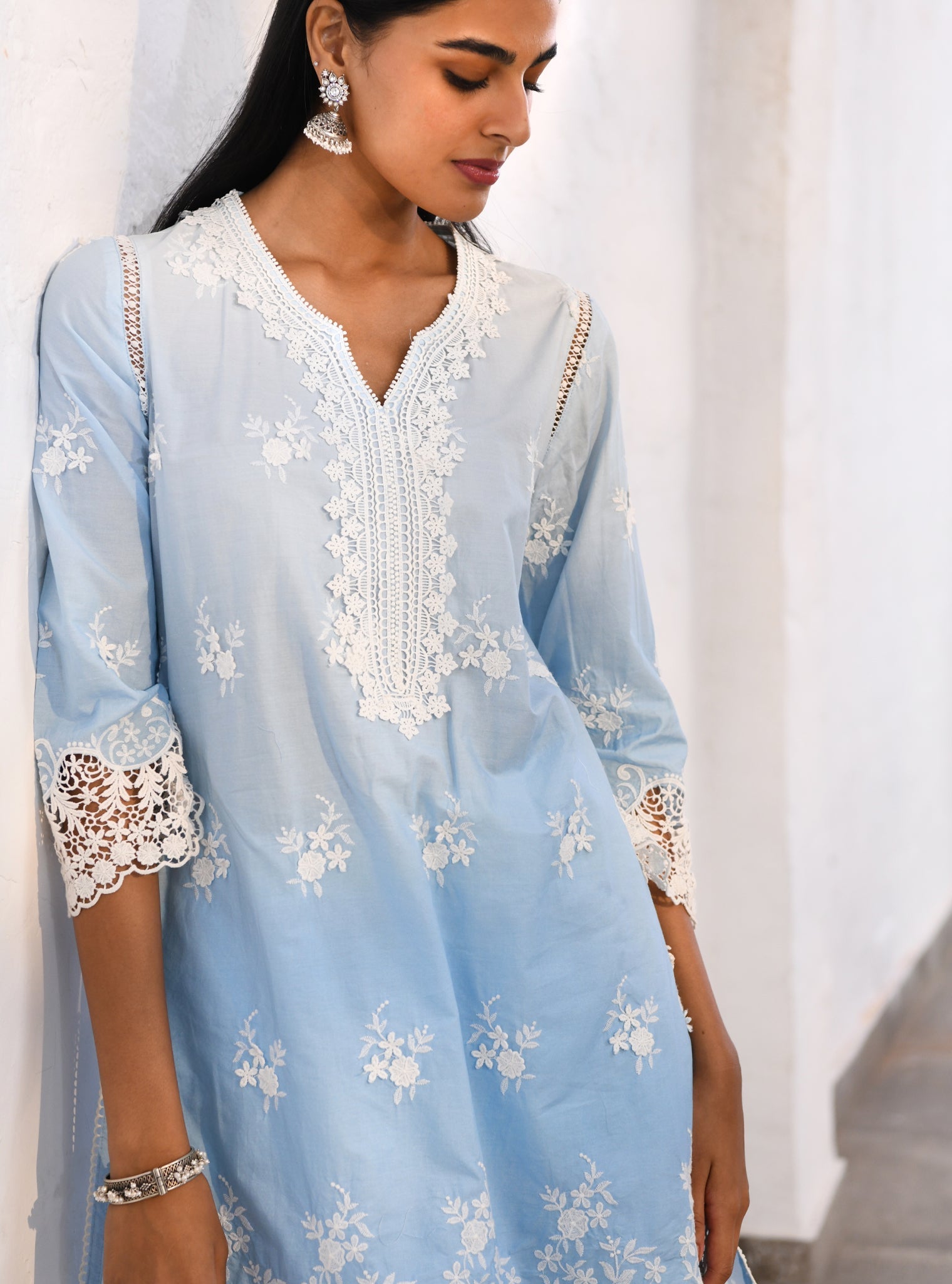 Mulmul Cotton Chapoli Blue Kurta With Mulmul Cotton Chapoli Blue Pant