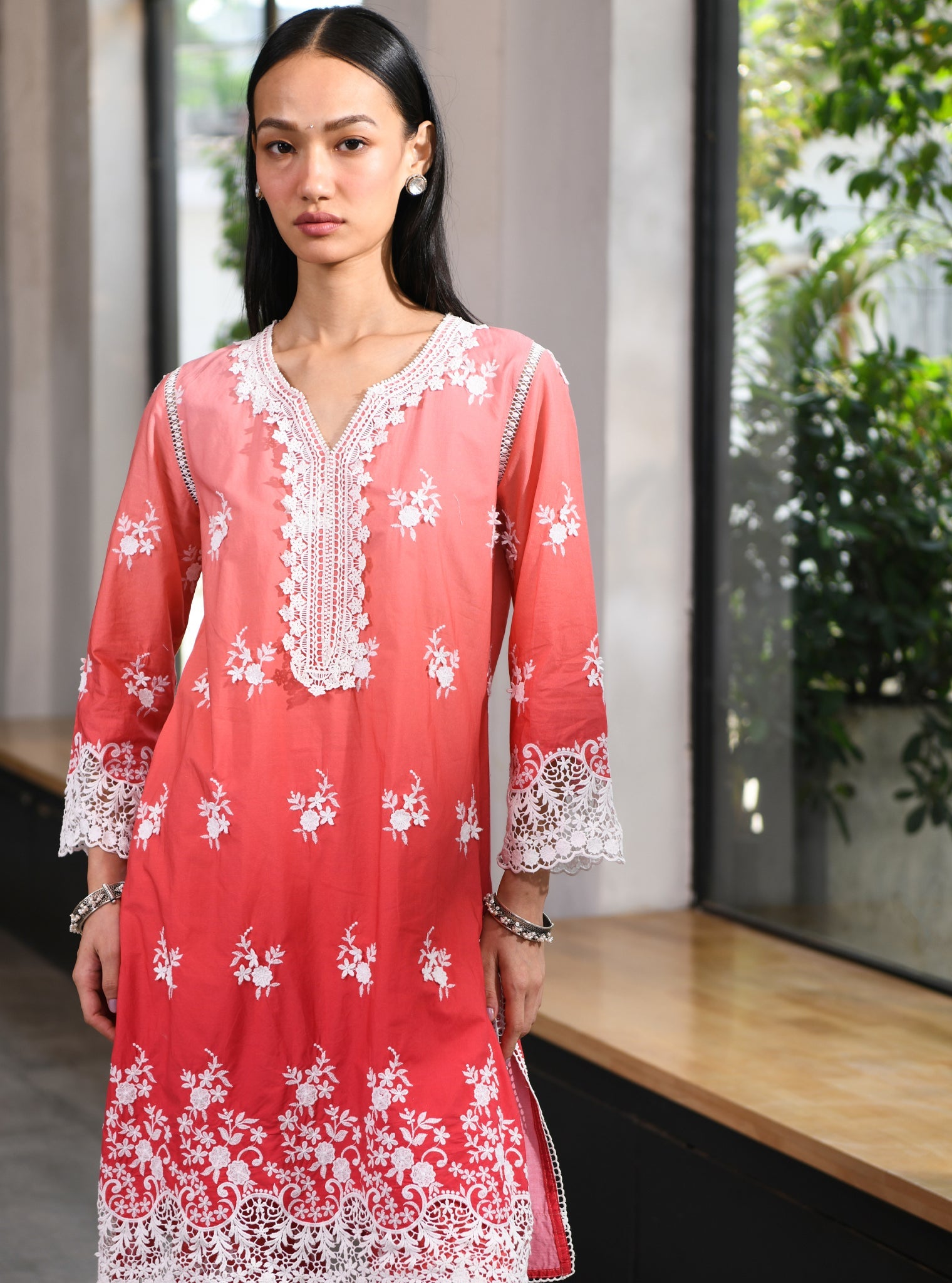 Mulmul Cotton Chapoli Red Kurta With Mulmul Cotton Chapoli Red Pant