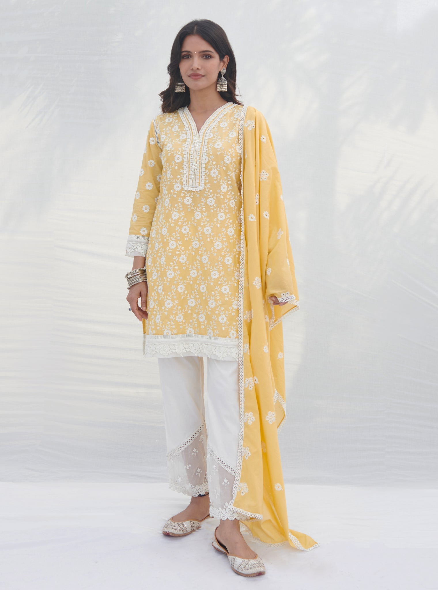 Mulmul Cotton Codli Yellow Kurta With Mulmul Cotton Applique Organza Panel White Pant