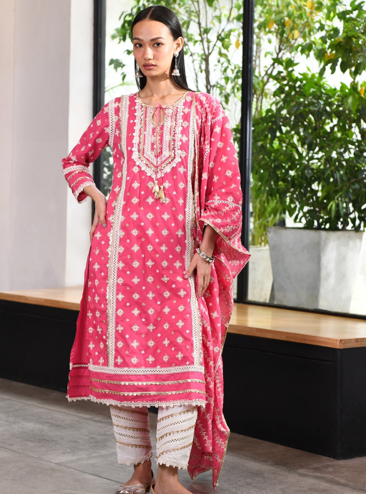 Mulmul Cotton Corey Fuchsia Kurta With Mulmul Cotton Golden Sequins Gota White Pant