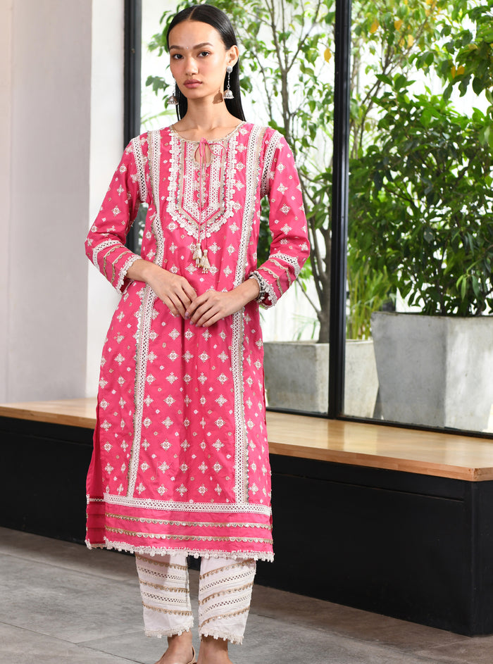 Mulmul Cotton Corey Kurta Fuchsia